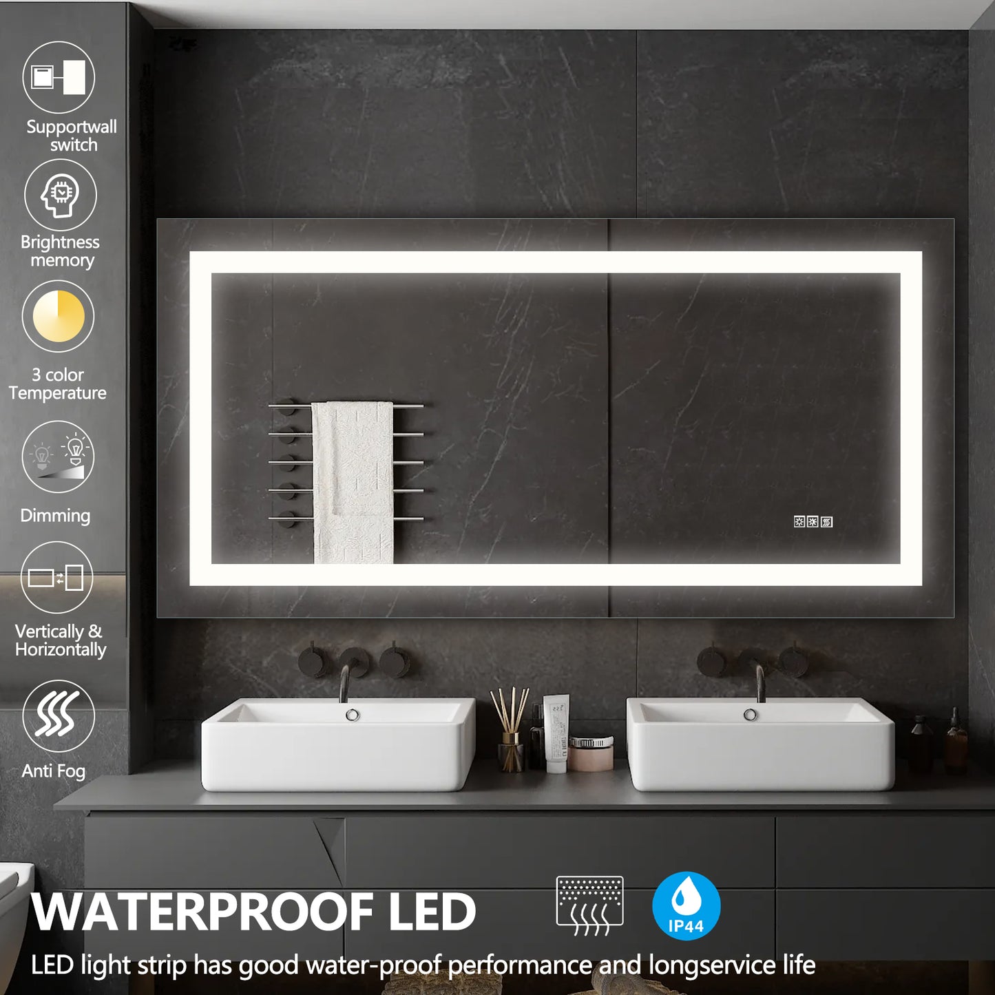 Illuminated bathroom mirror with frameless design and integrated LED lighting for modern bathrooms
