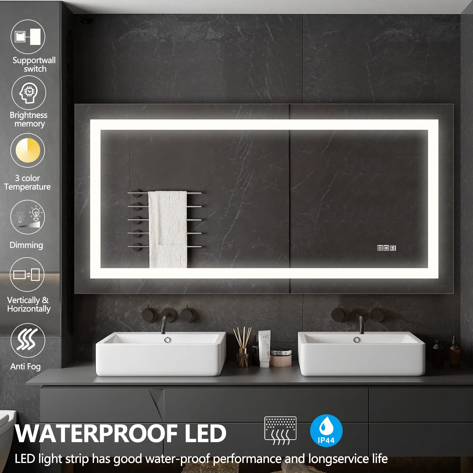 Illuminated bathroom mirror with frameless design and integrated LED lighting for modern bathrooms