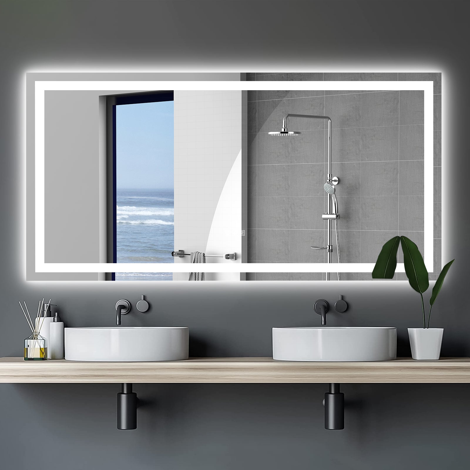 Modern illuminated bathroom mirror with sleek LED frame and double sinks