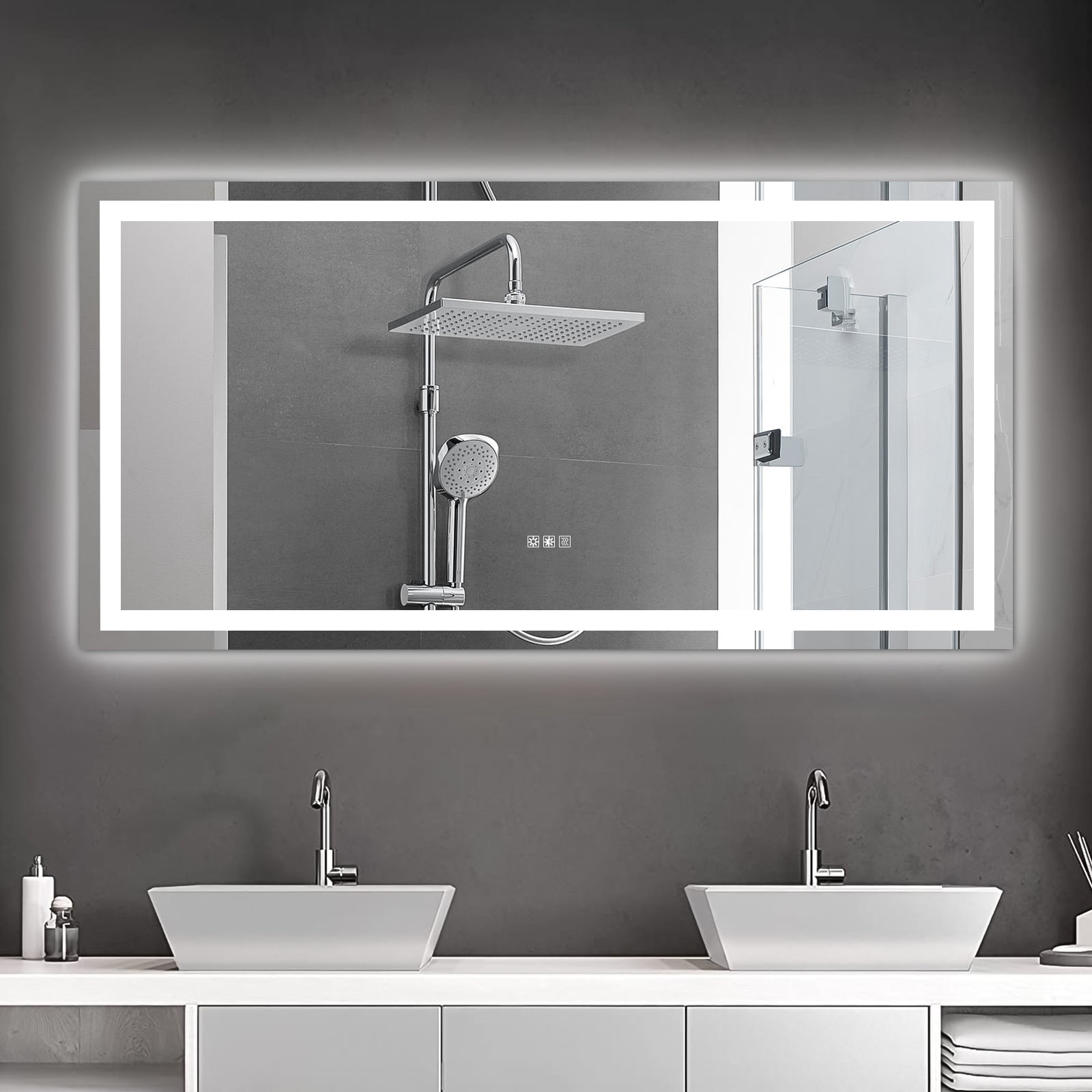 Rectangular LED bathroom mirror with integrated shower fixture chrome finish modern design