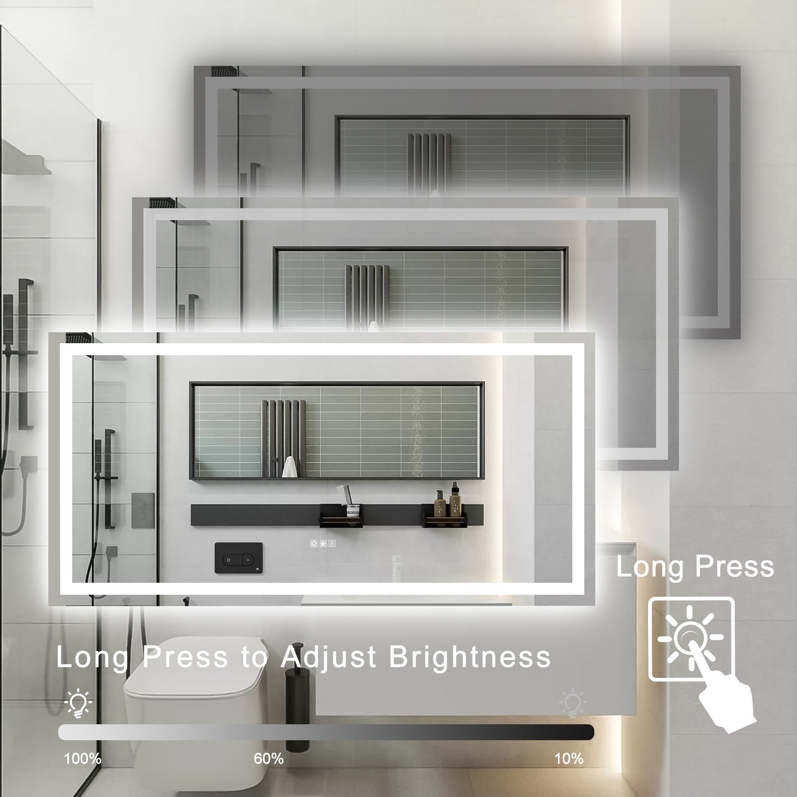 Illuminated bathroom mirror with adjustable brightness and integrated LED lighting