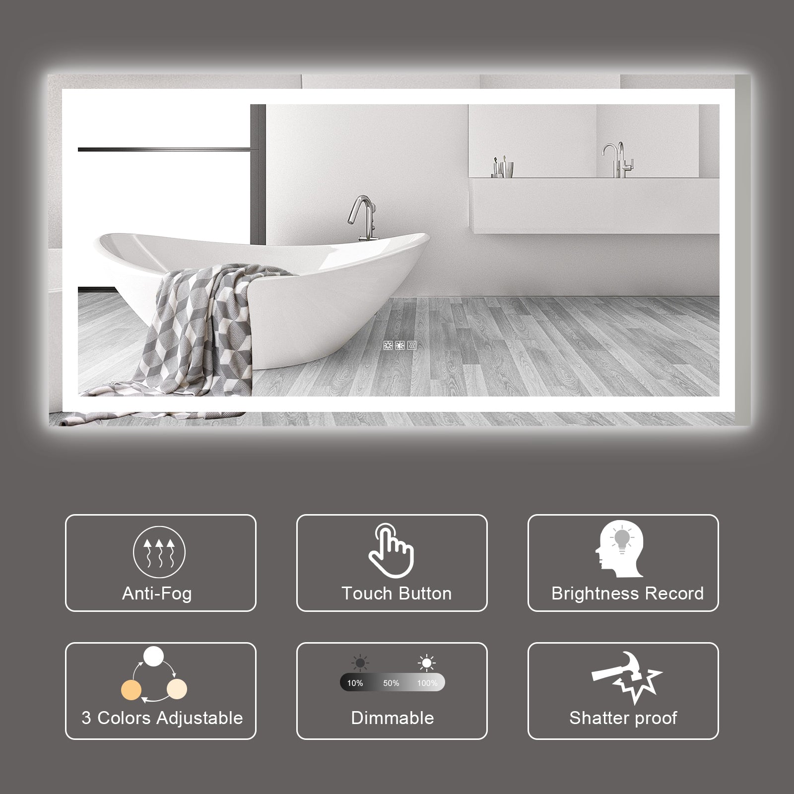 Modern LED bathroom mirror with antifog and adjustable color temperature