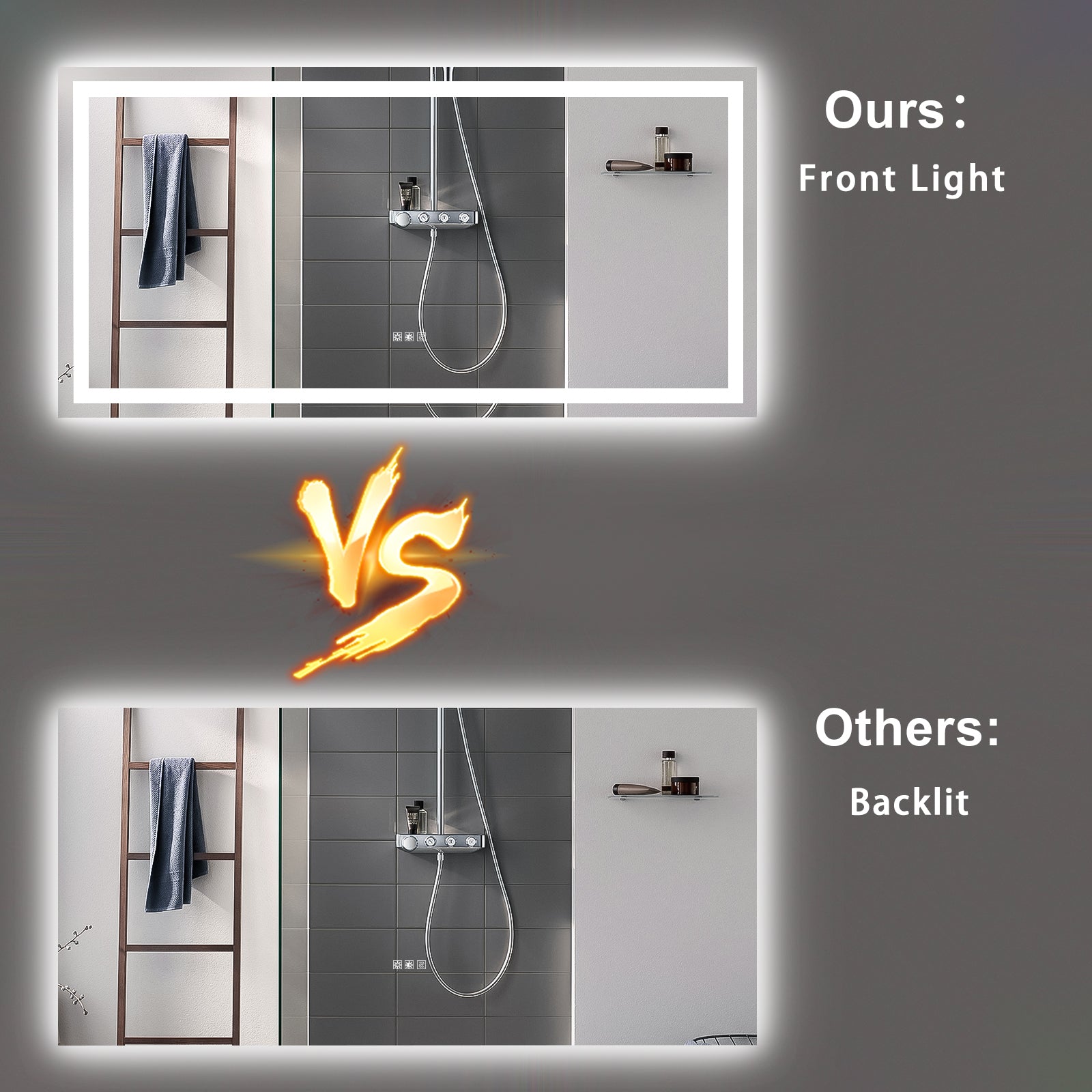 Illuminated rectangular bathroom mirror with front lighting showing a shower fixture and towel ladder