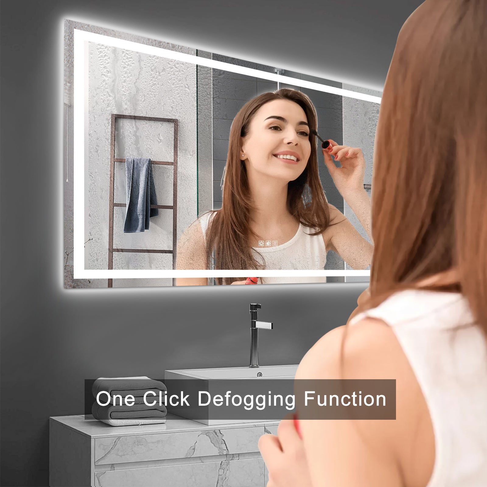 Modern backlit bathroom mirror with integrated defogging function and integrated touch controls