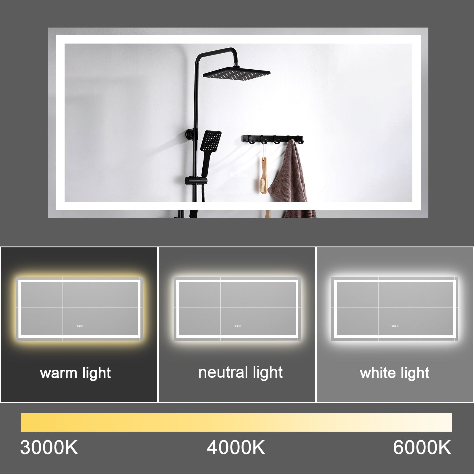 Modern rectangular LED bathroom mirror with integrated lighting options