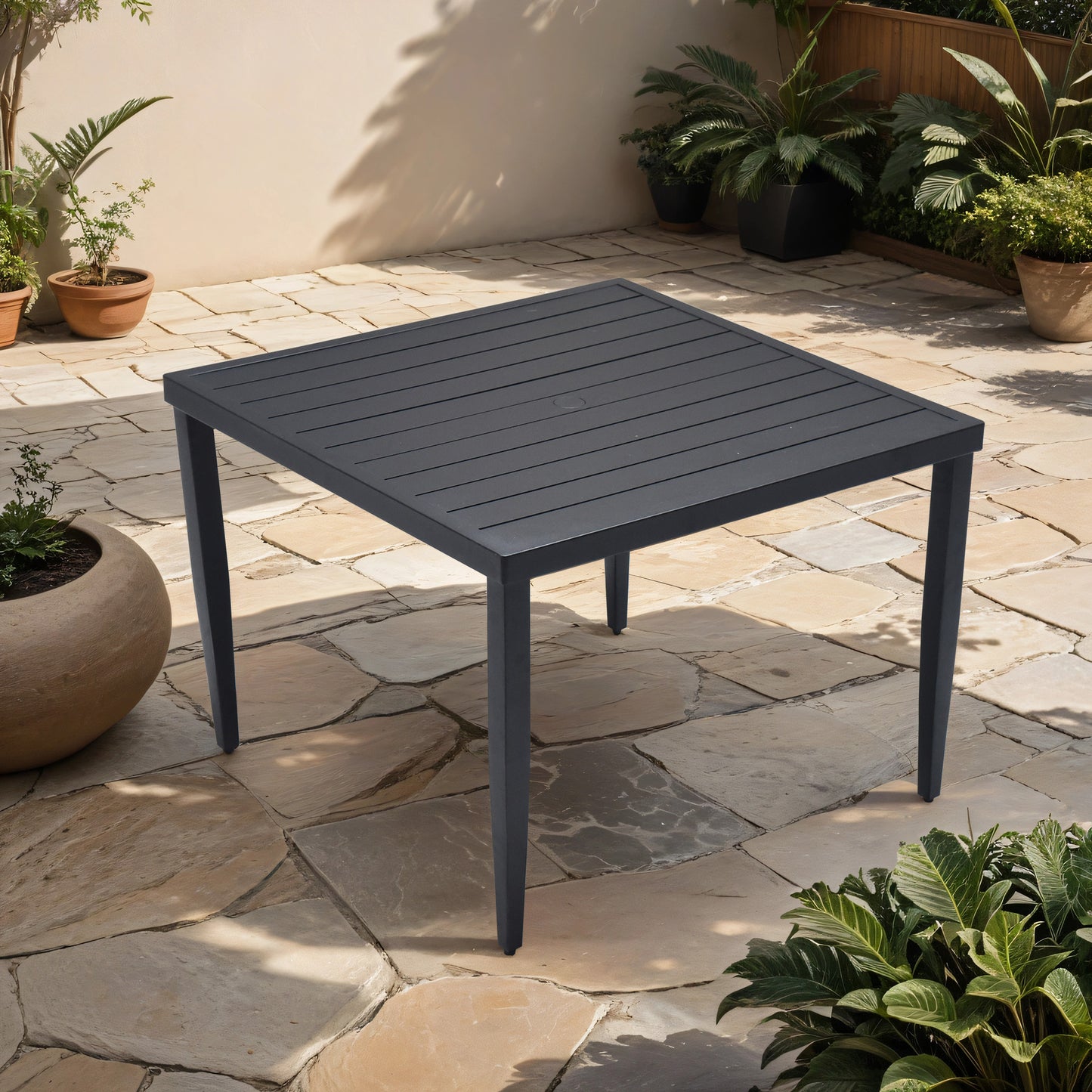 Dark grey slatted aluminum square patio dining table for outdoor use