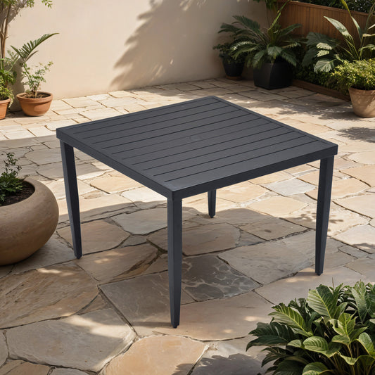 Dark grey slatted aluminum square patio dining table for outdoor use