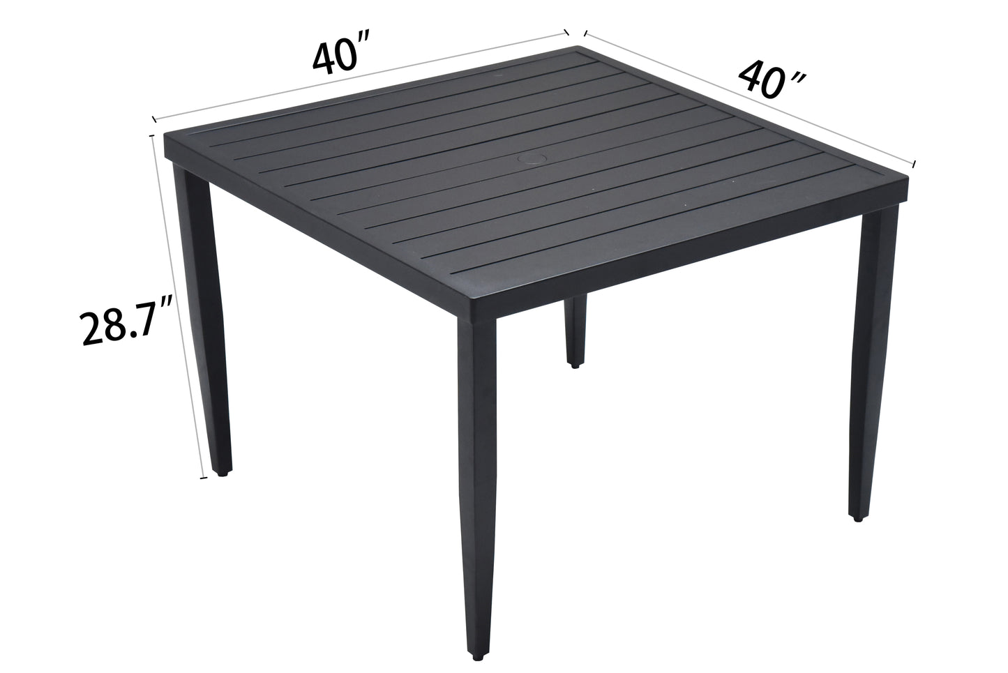 Sleek black inch square aluminum patio dining table with slatted top and tapered legs