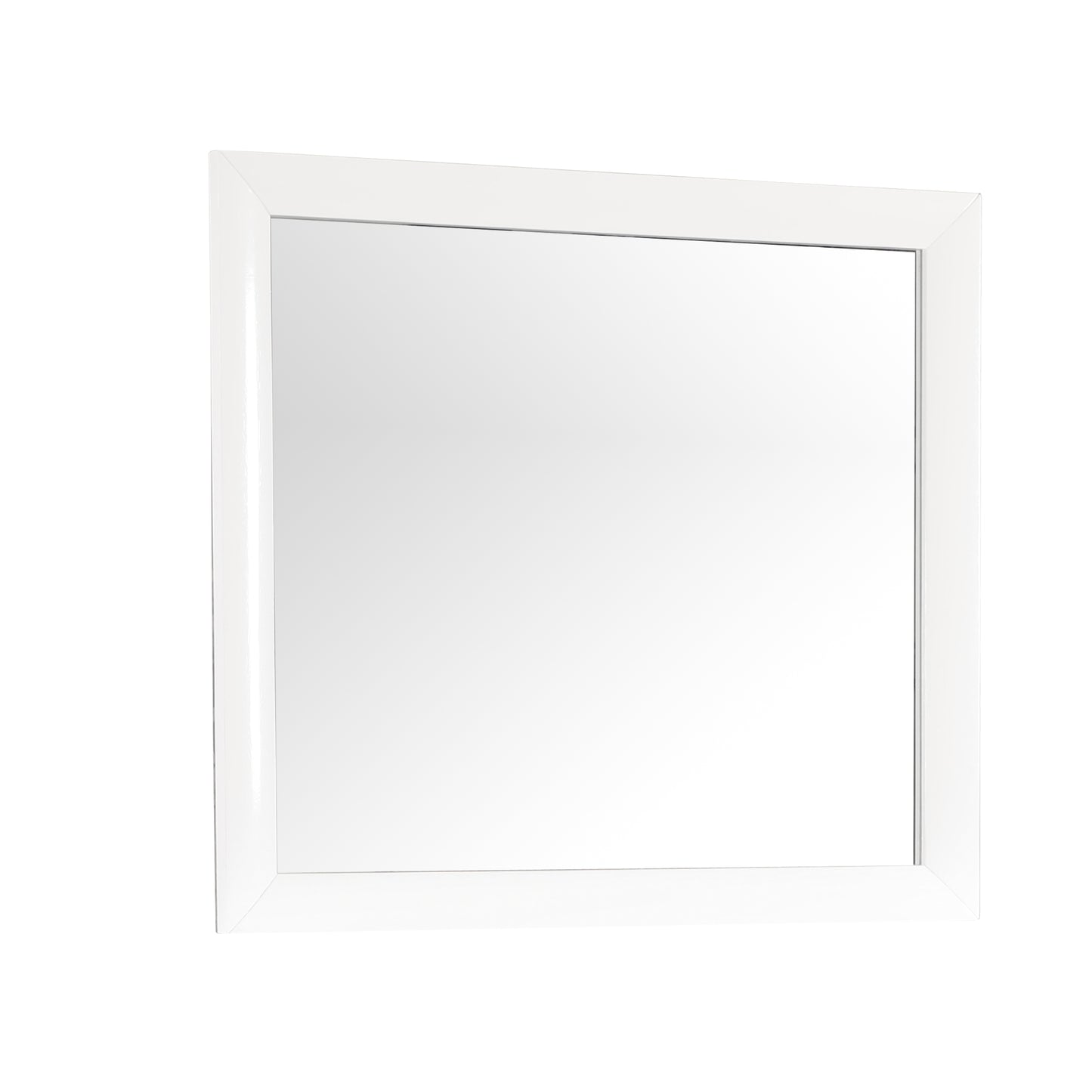 Modern white framed bathroom mirror with a polished finish