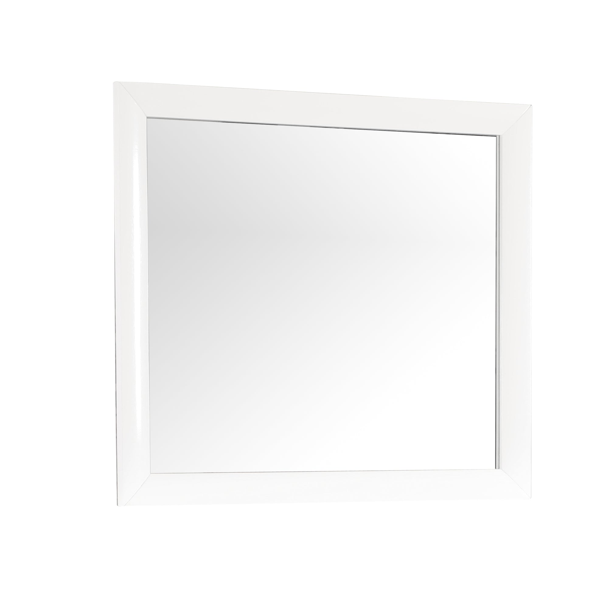 Modern white framed bathroom mirror with a polished finish