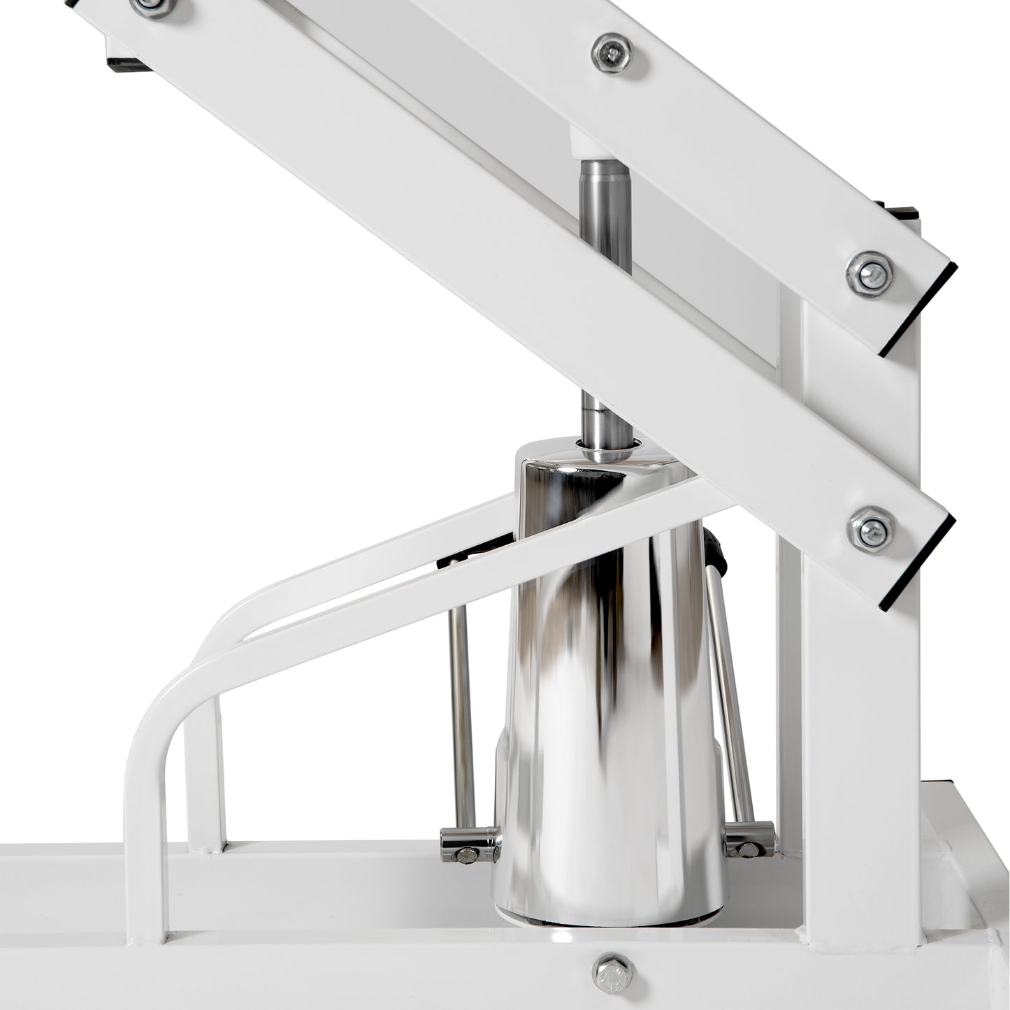 Closeup of a hydraulic lift cylinder with polished chrome finish and white metal frame