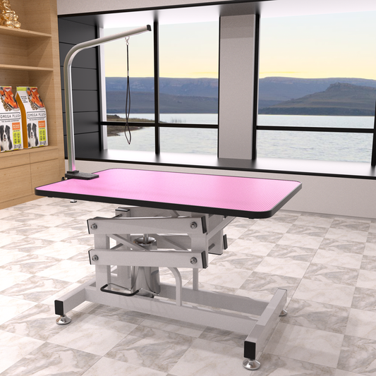Pink grooming table with adjustable height steel frame and noslip surface for professional pet care