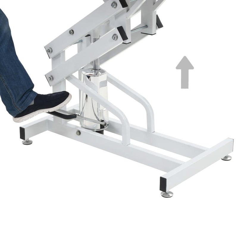 White hydraulic lift mechanism with foot pedal for adjustable height table