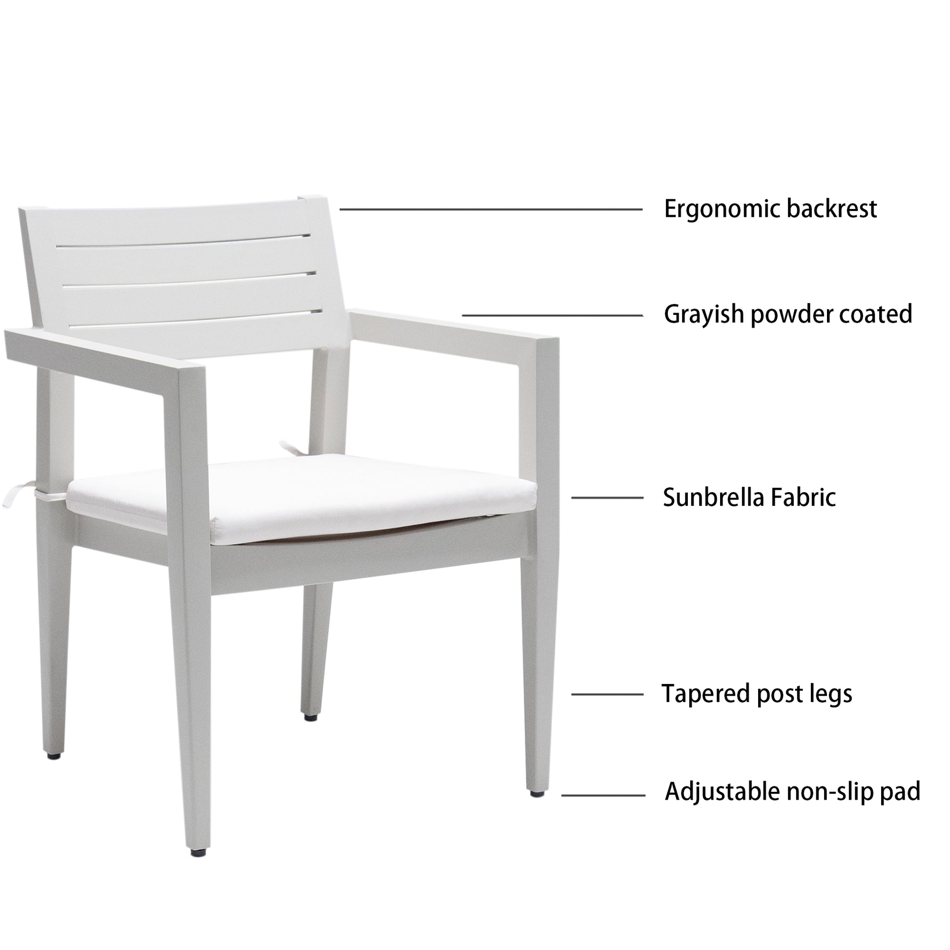 Grayish powdercoated outdoor chair with white Sunbrella cushion and ergonomic backrest