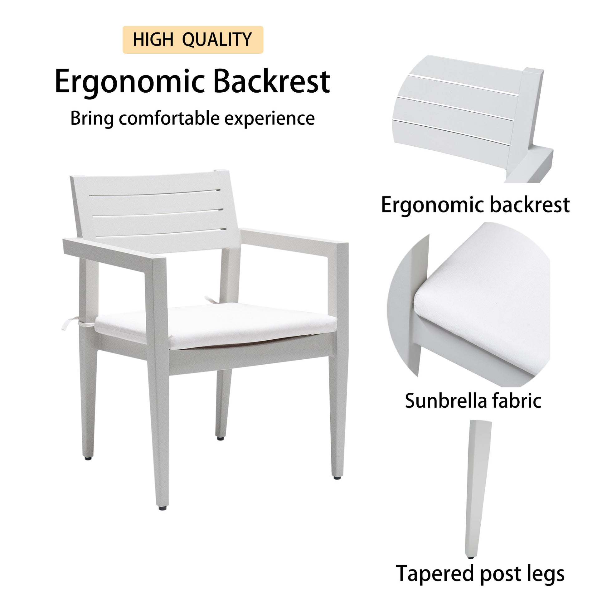 White aluminum patio chair with ergonomic backrest and comfortable cushion