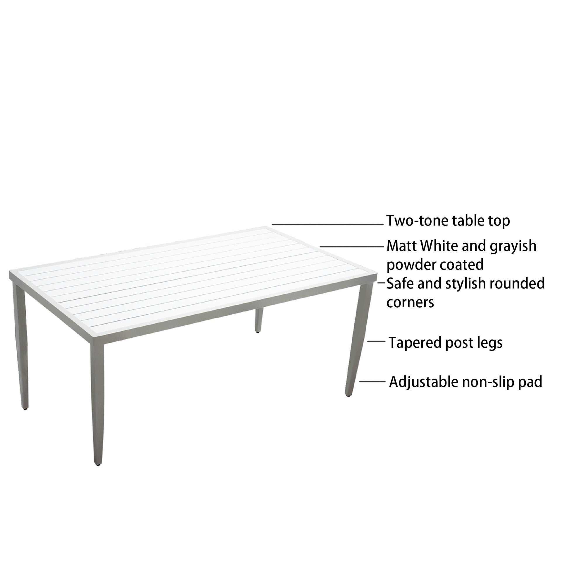White slatted patio table with tapered legs and adjustable nonslip pads