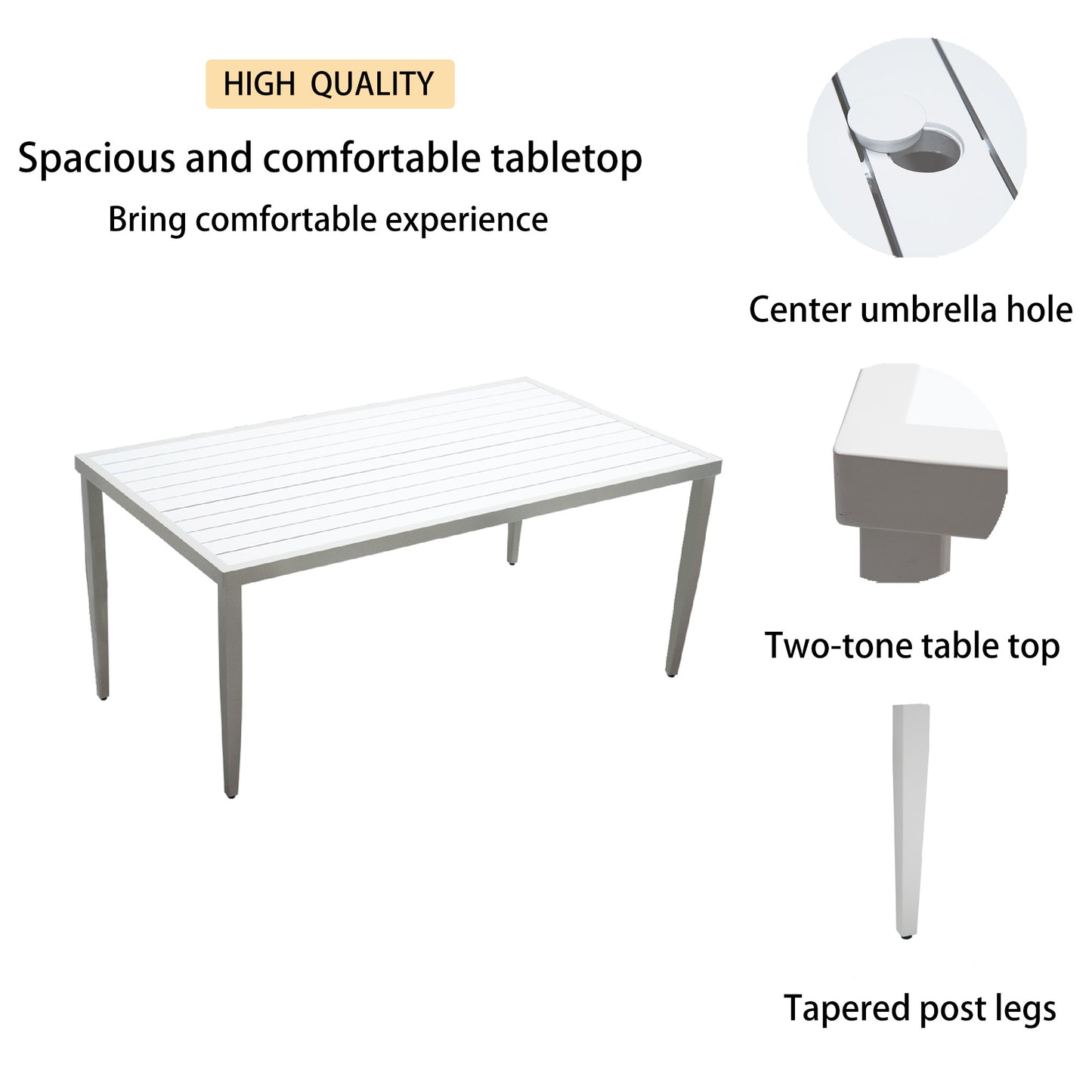 White slatted dining table with tapered legs and center umbrella hole