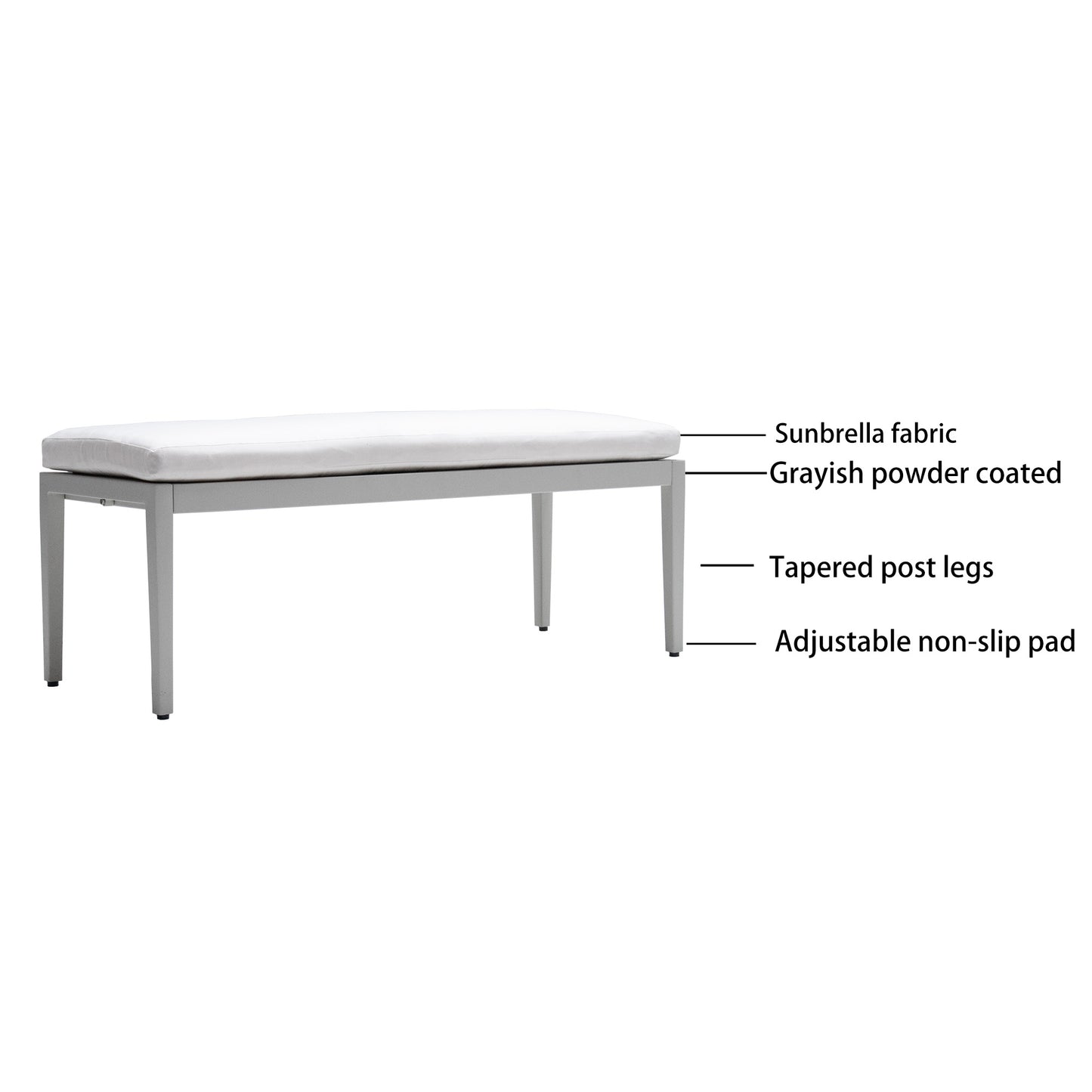 Grayish powdercoated bench with white Sunbrella fabric seat and tapered legs