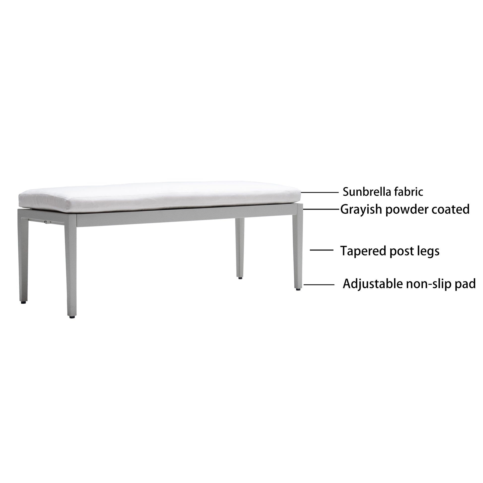 Grayish powdercoated bench with white Sunbrella fabric seat and tapered legs