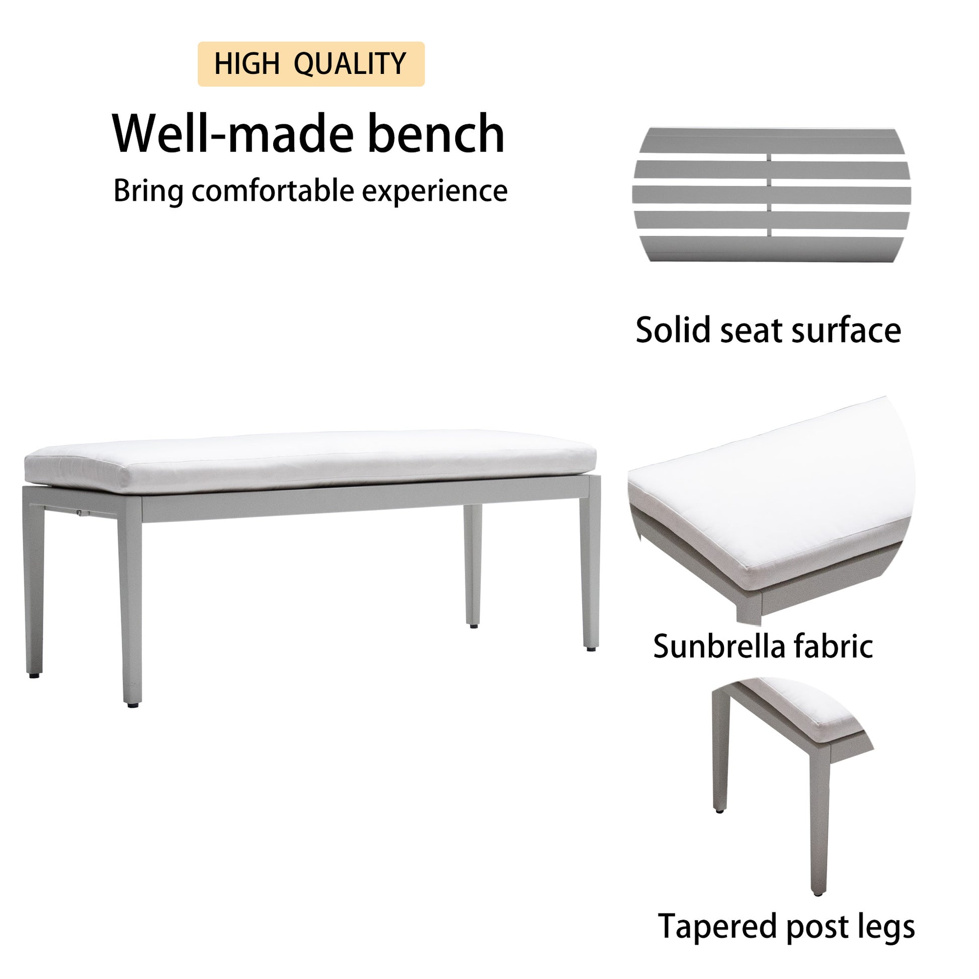 Modern grey bench with white Sunbrella fabric cushion and tapered post legs