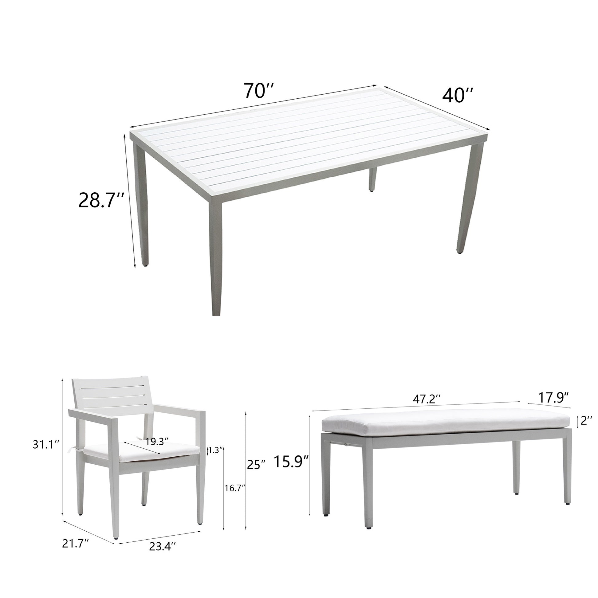 White slatted aluminum dining table  L x  W x  H