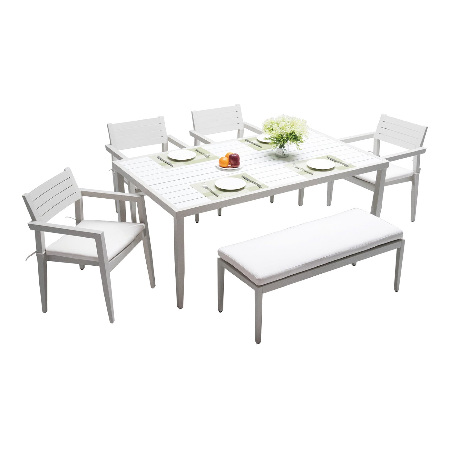 White aluminum outdoor dining set with white cushions and a bench