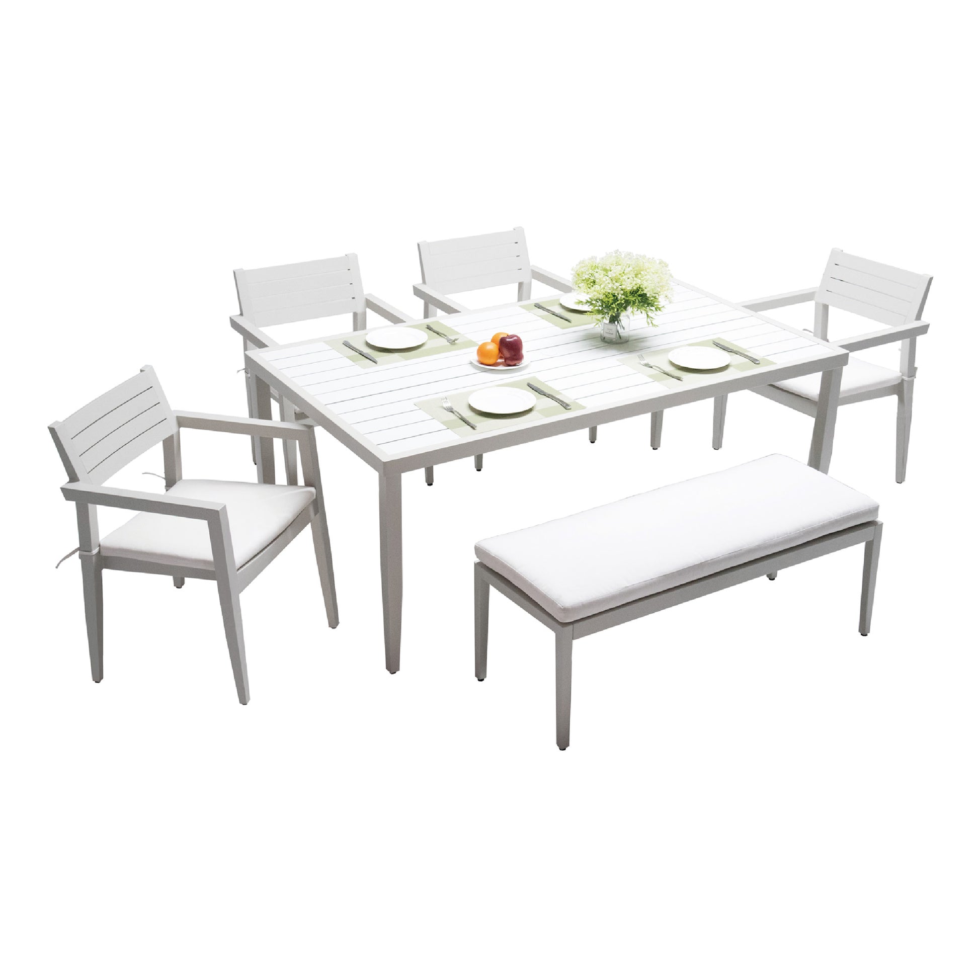 White aluminum outdoor dining set with white cushions and a bench