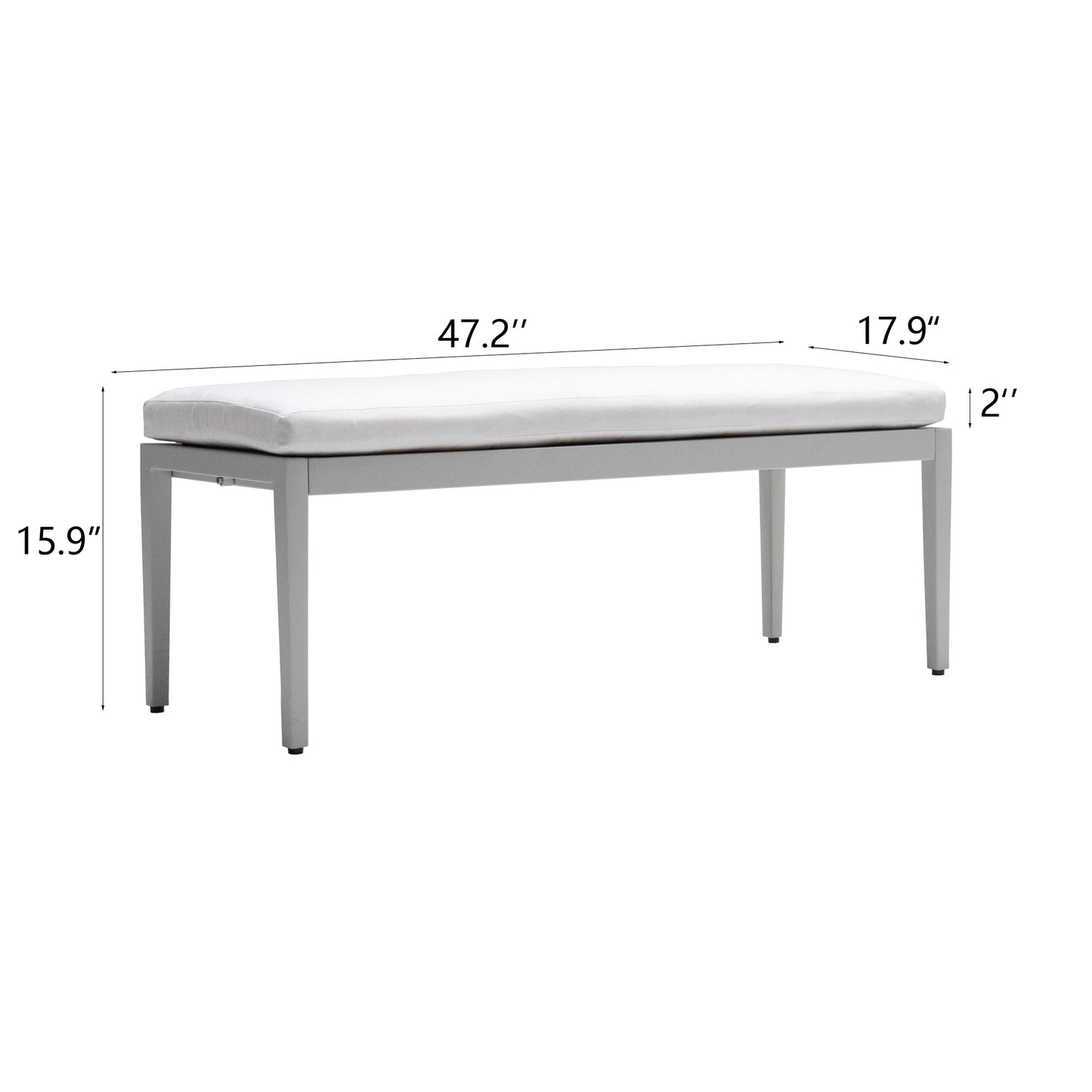 Modern gray metal bench with white upholstered seat  L x  W