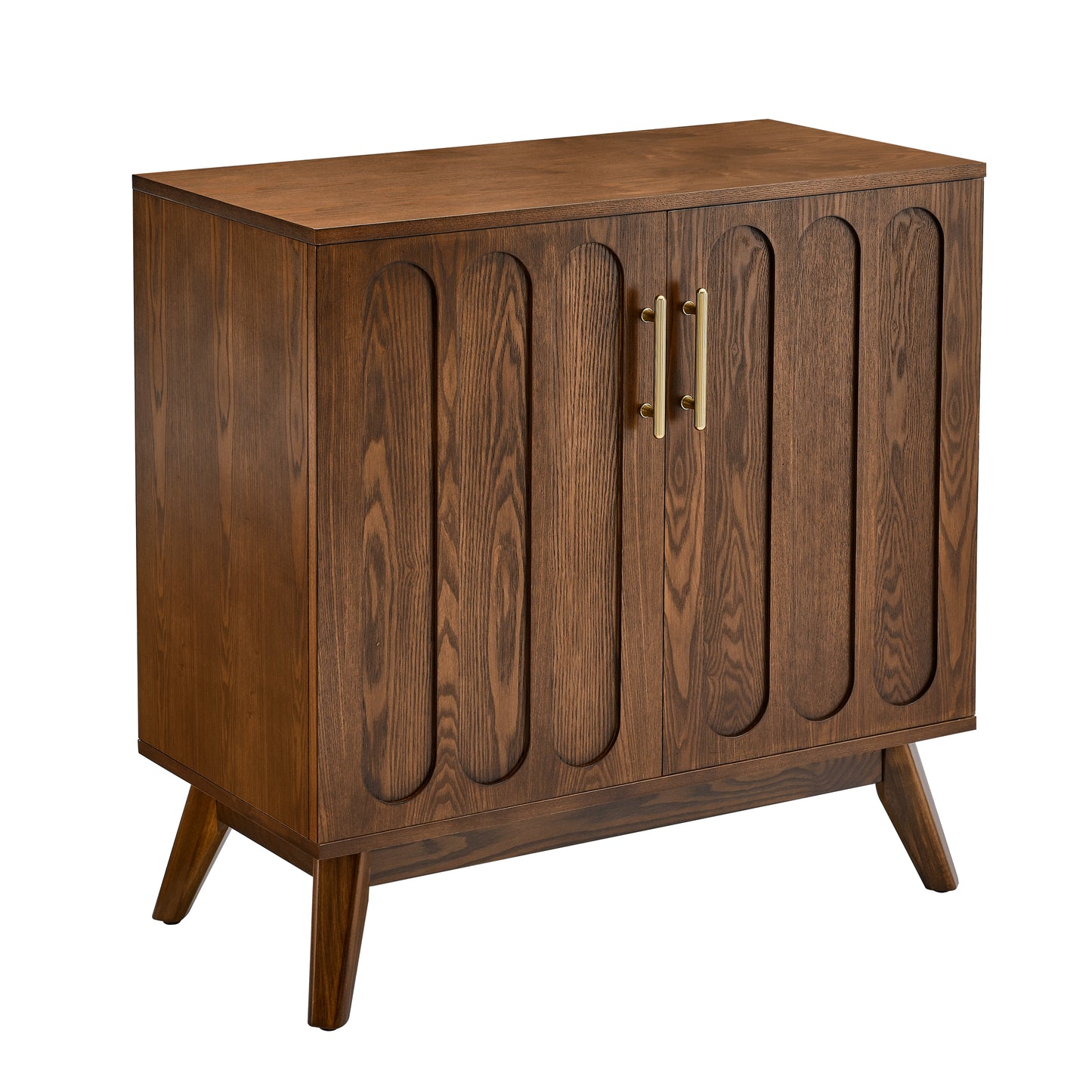 Midcentury modern wood cabinet with arched door fronts and brass pulls