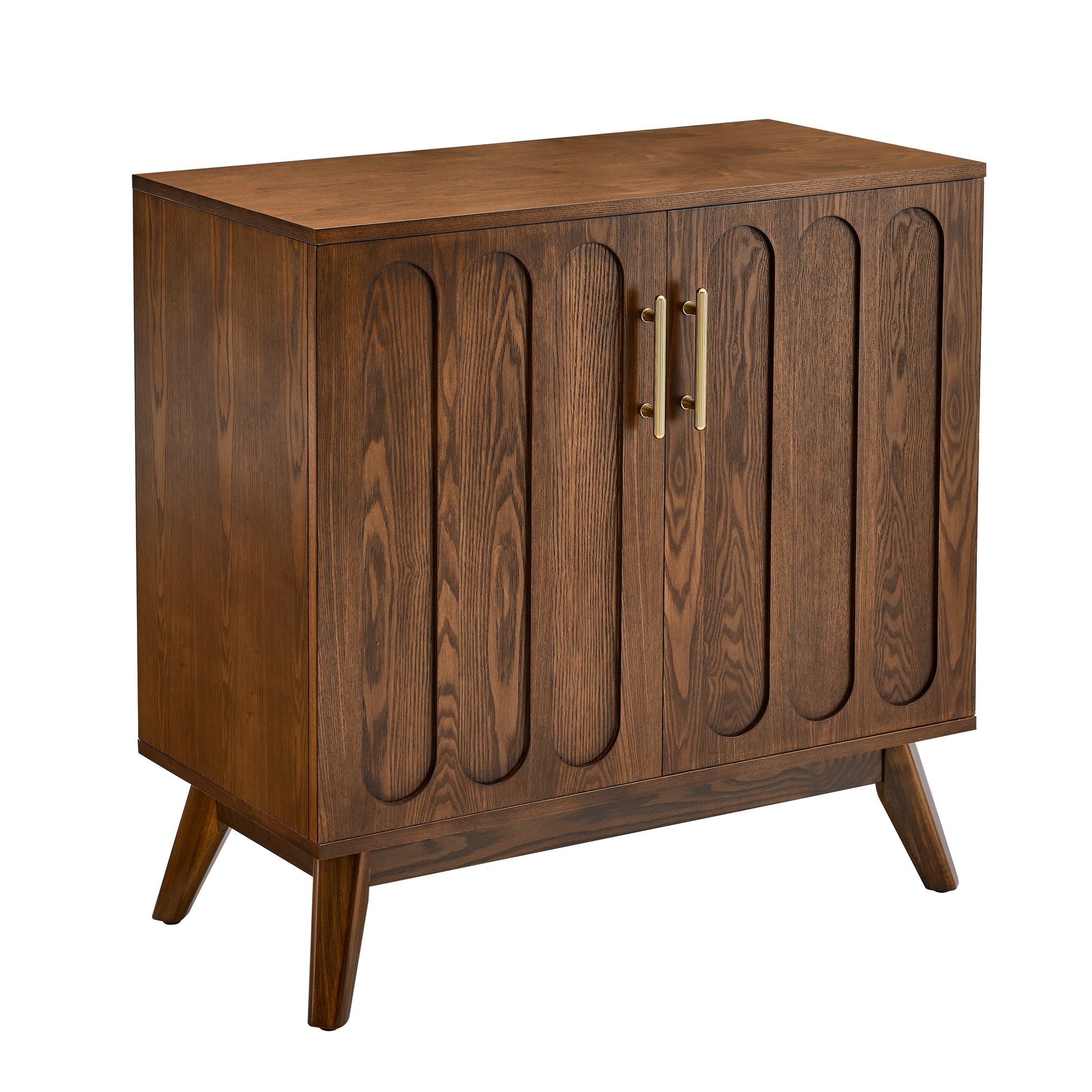 Midcentury modern wood cabinet with arched door fronts and brass pulls