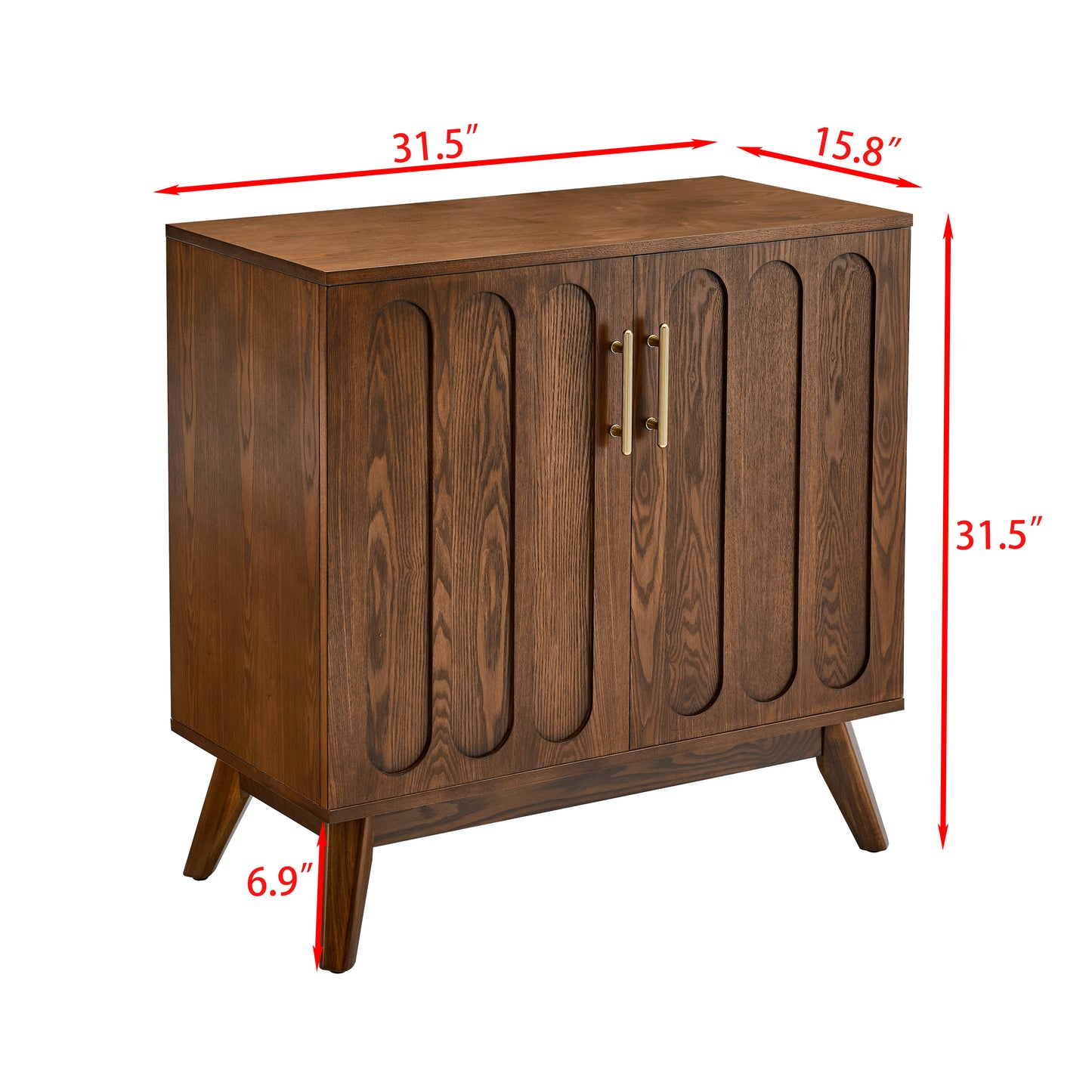 Midcentury modern walnut storage cabinet with fluted doors and brass handles