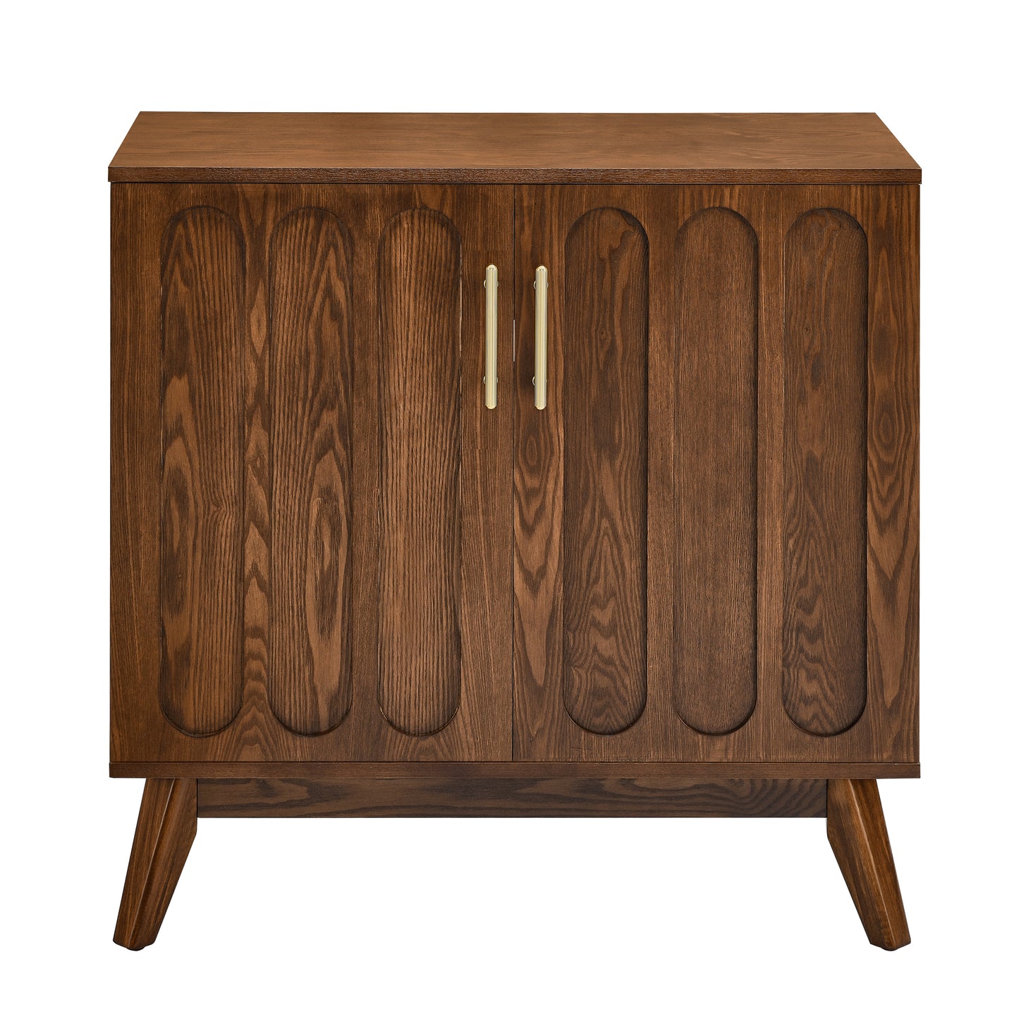 Dark wood cabinet with carved arched door fronts and brass handles
