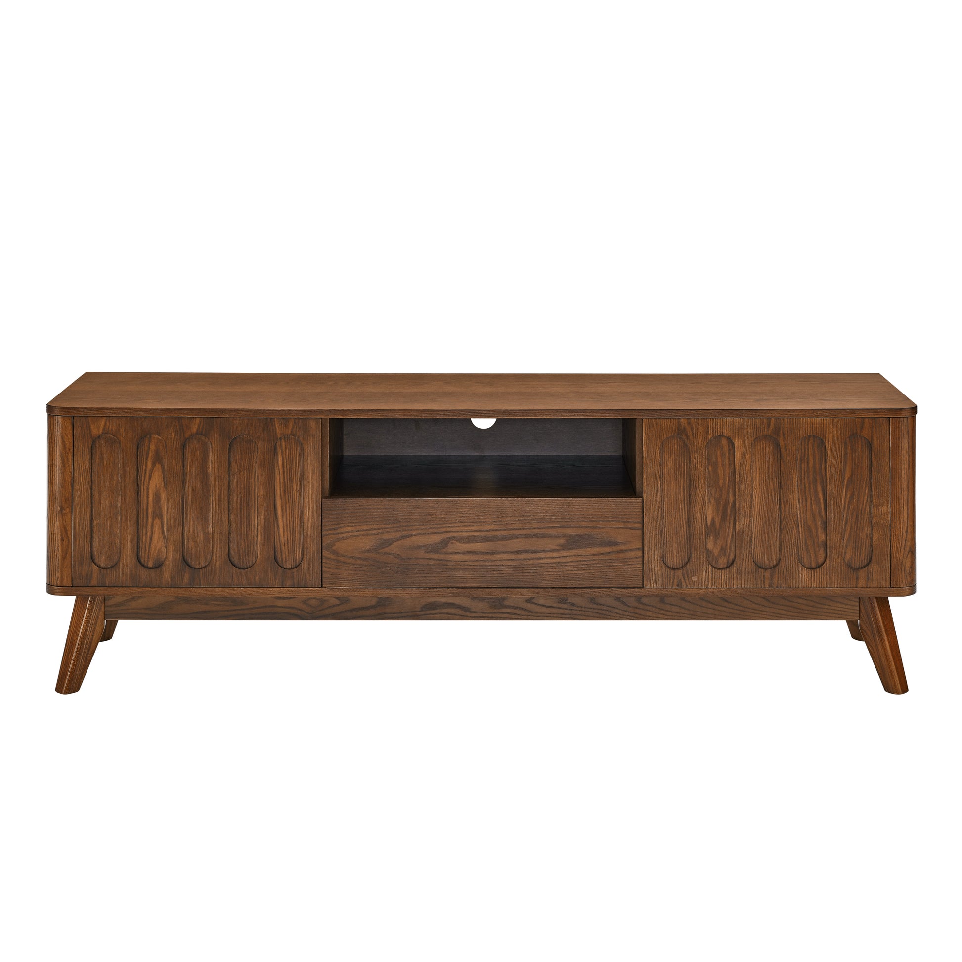 Walnut wood TV stand with fluted detail and tapered legs