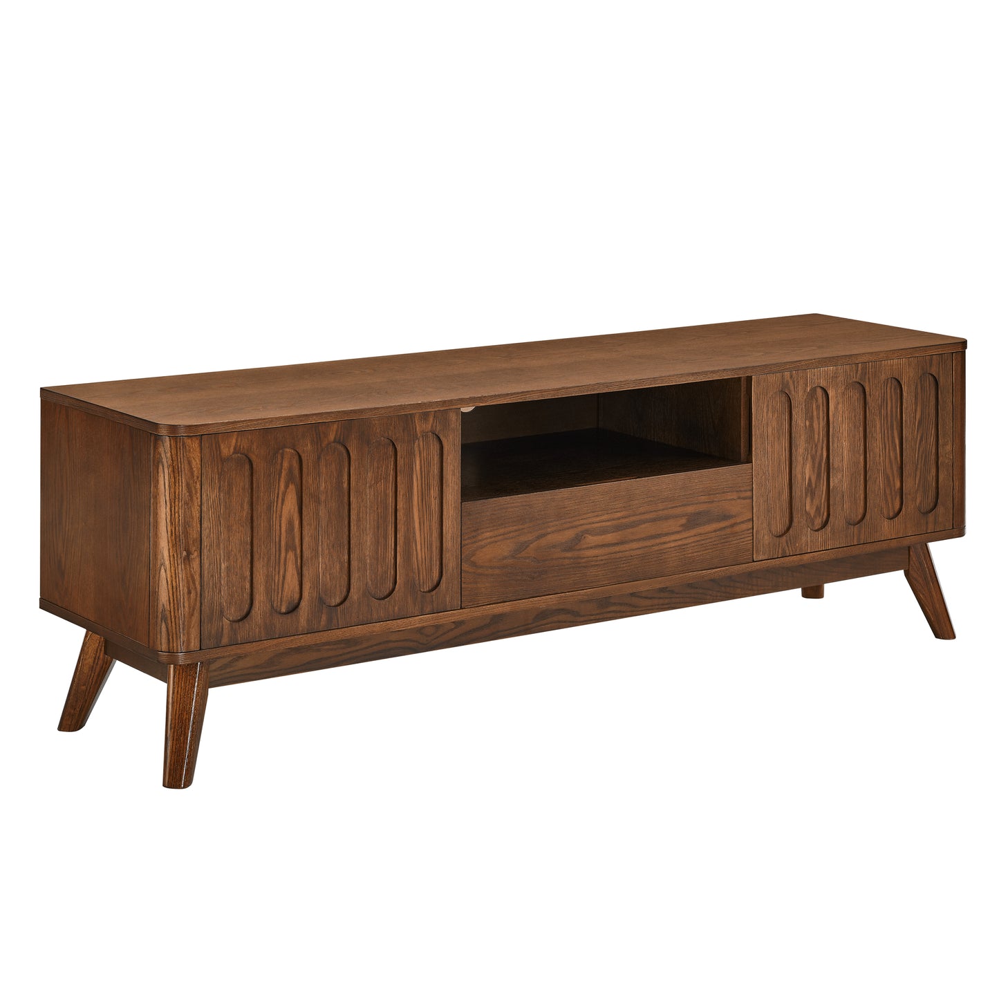 Midcentury modern walnut TV stand with fluted doors and tapered legs for media consoles