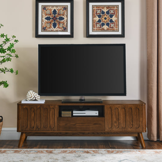 Midcentury modern brown wood TV stand with fluted details and tapered legs