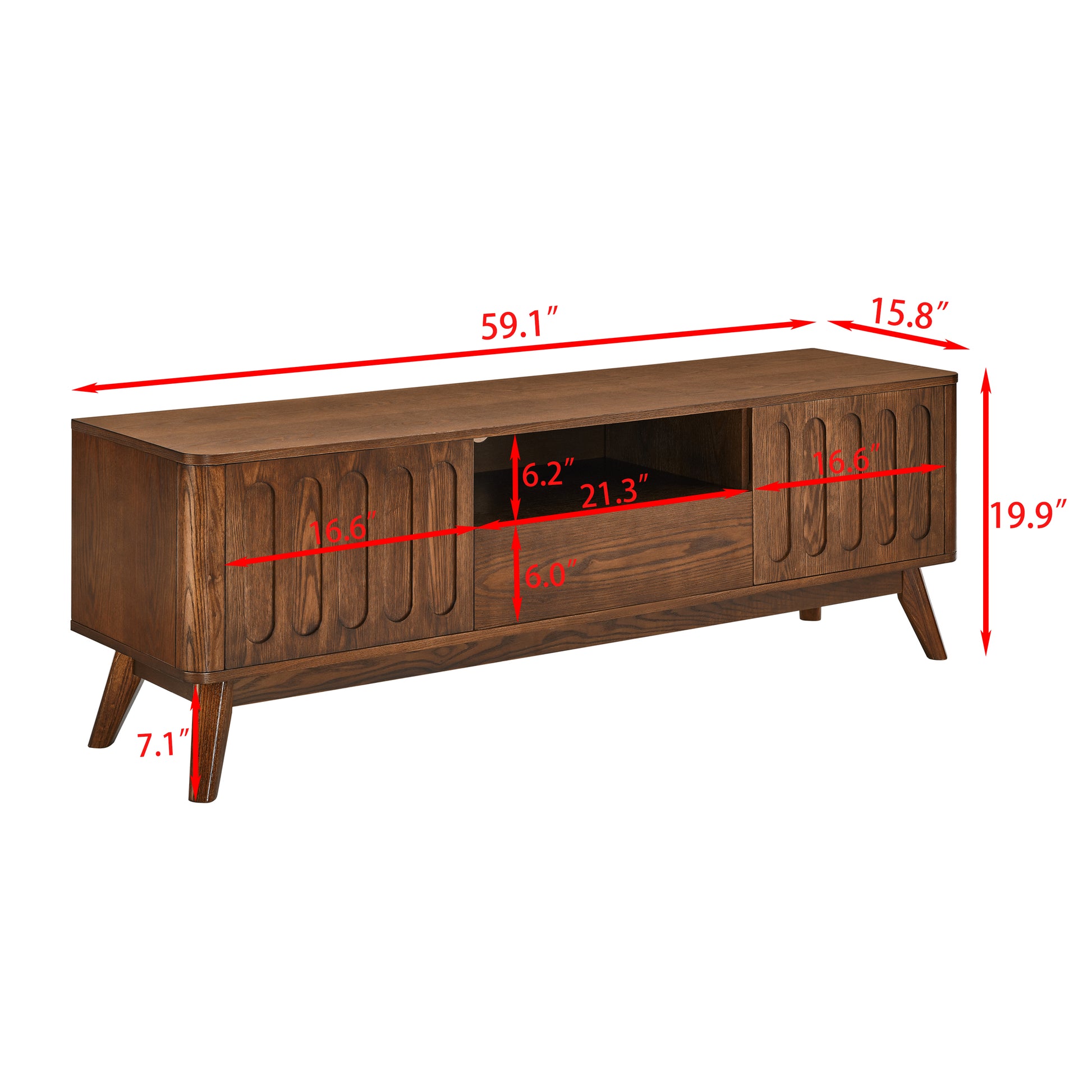Midcentury modern brown wood TV stand with fluted door details and tapered legs