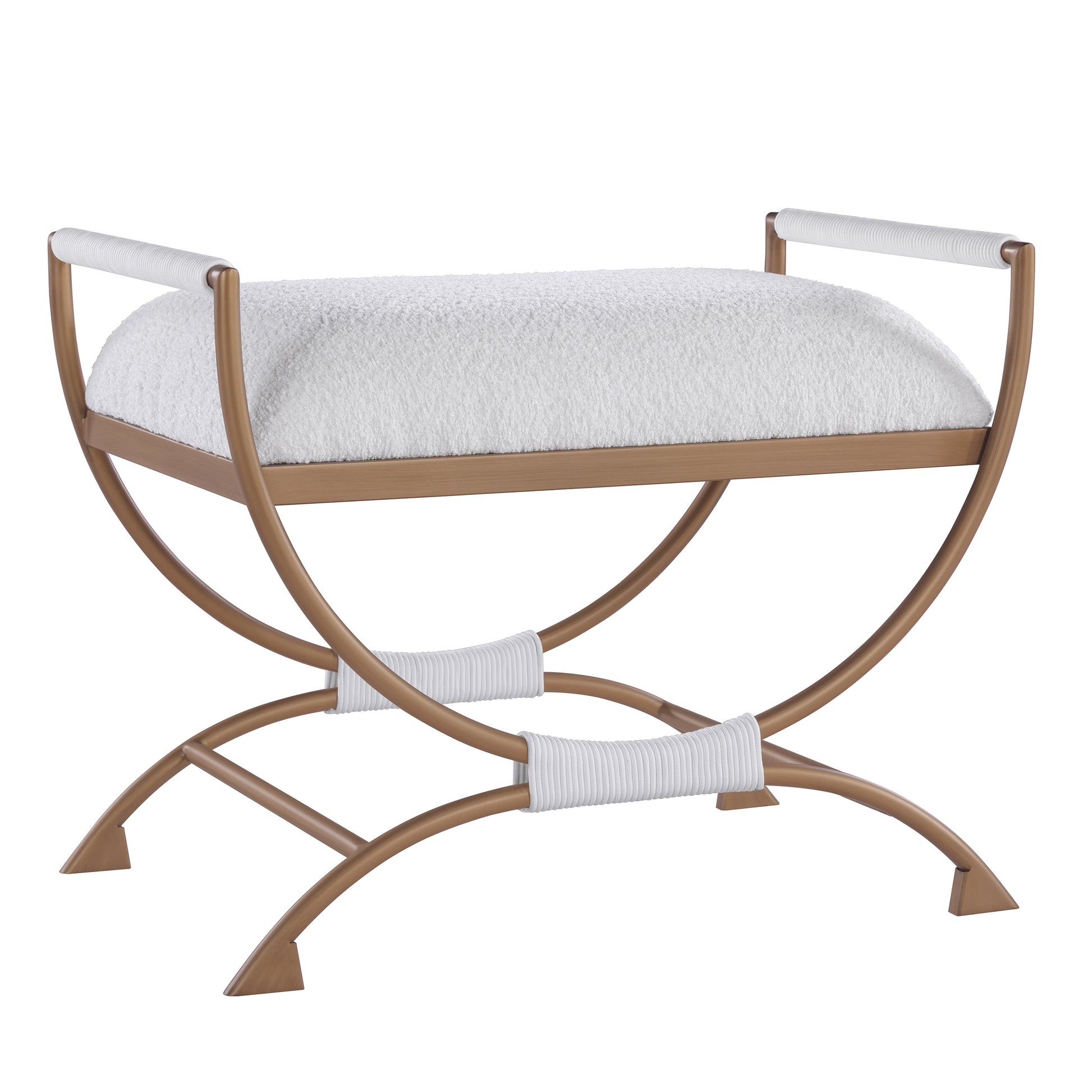 Glamorous brass bench with white boucle seat and wrapped armrests