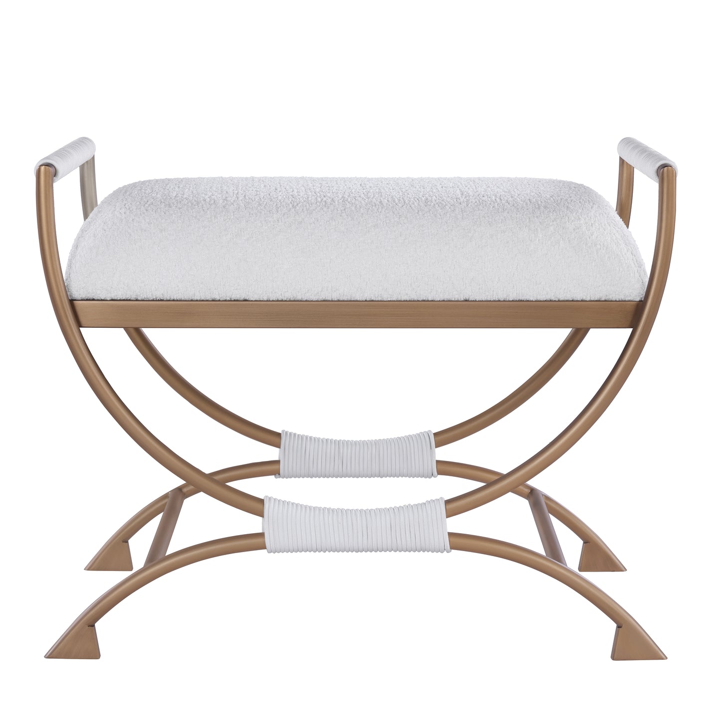 Gold metal bench with white boucle seat and rope accents perfect for entryway