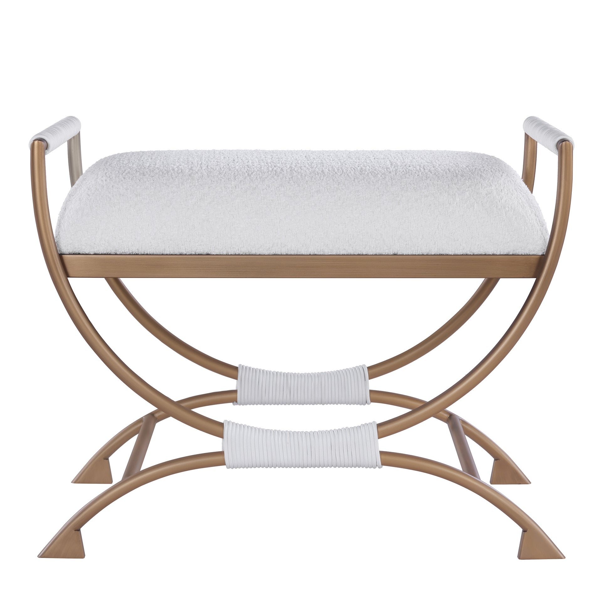Gold metal bench with white boucle seat and rope accents perfect for entryway