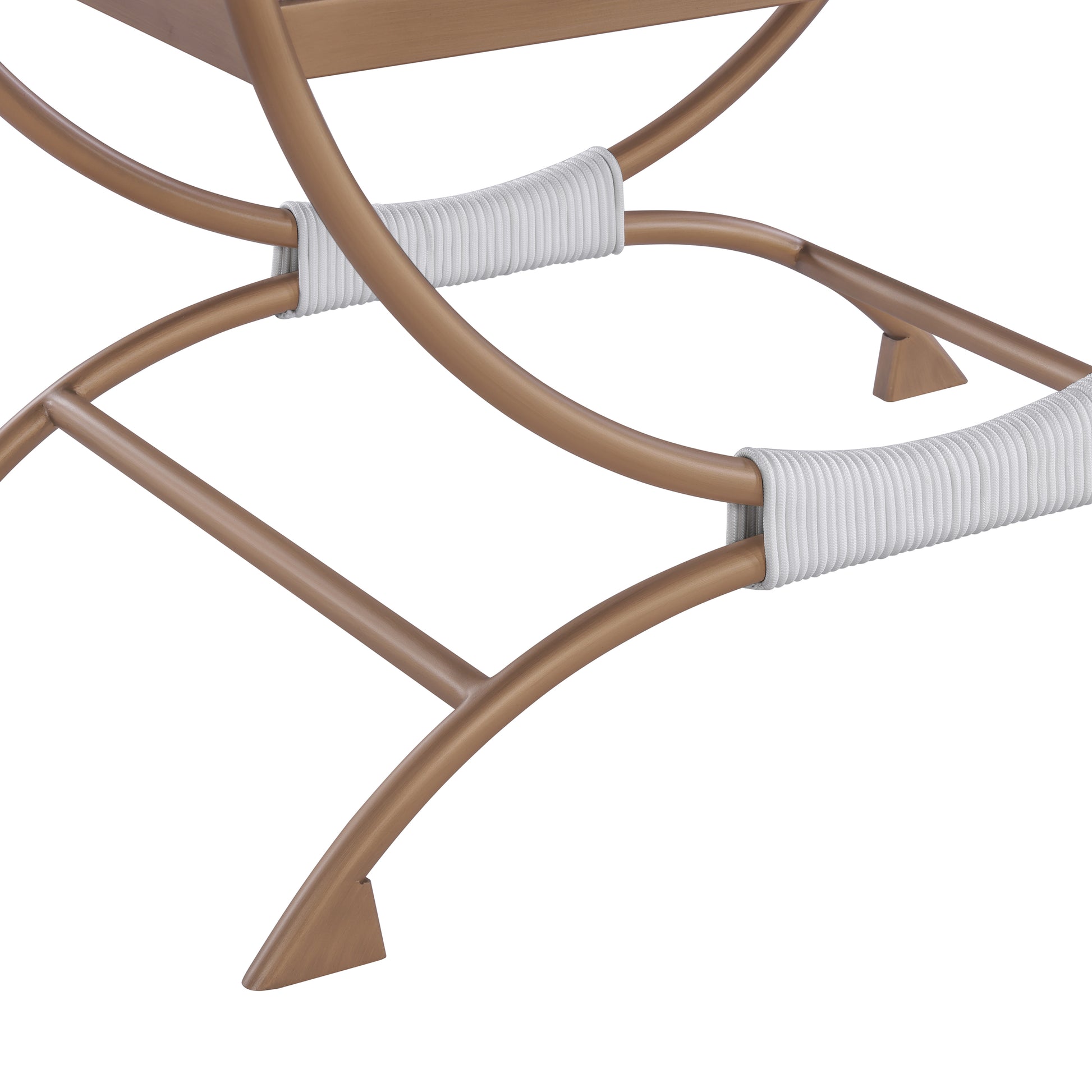 Bronze metal chair frame with white rope accents and tapered feet