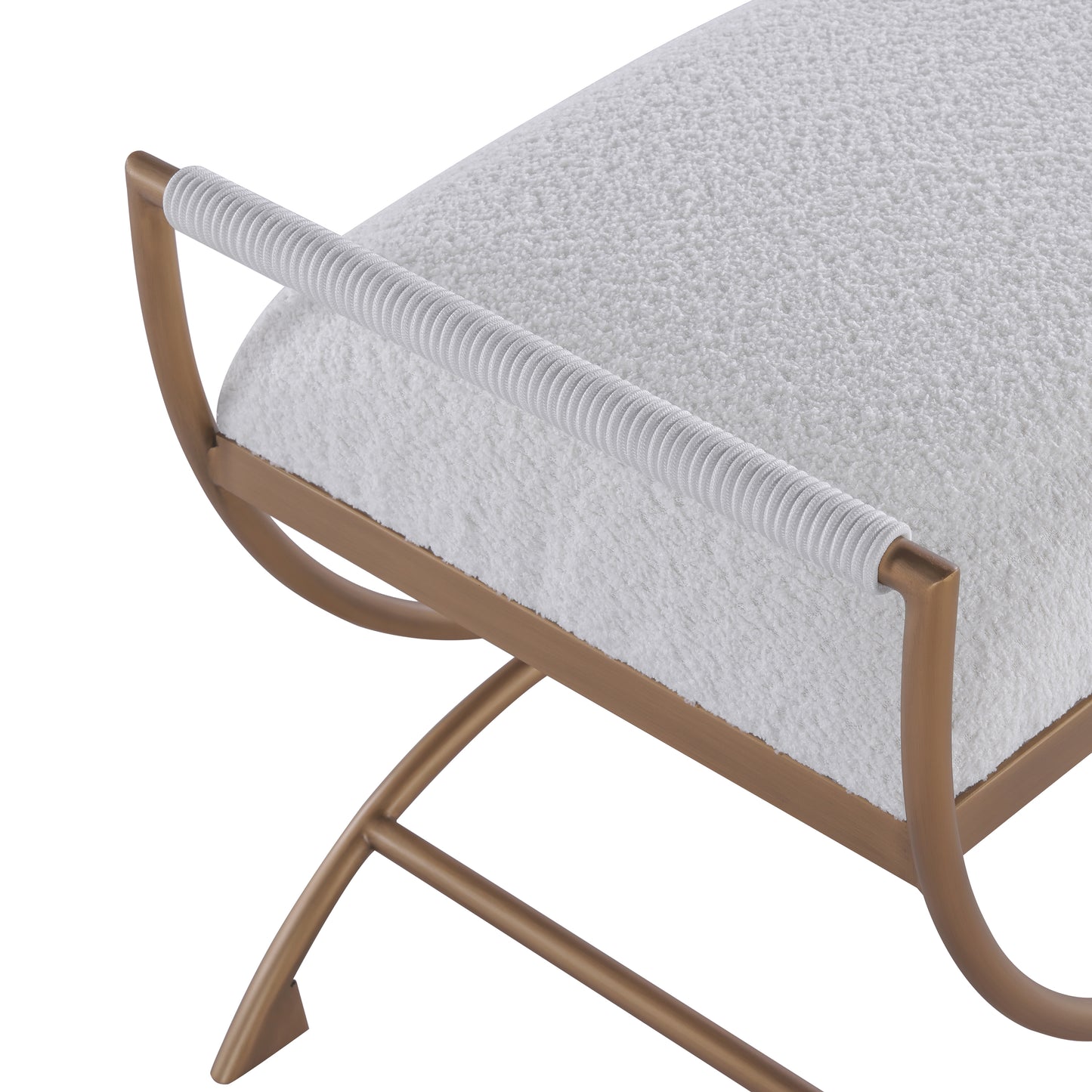 Luxurious white boucle bench with elegant gold metal frame and rope detail