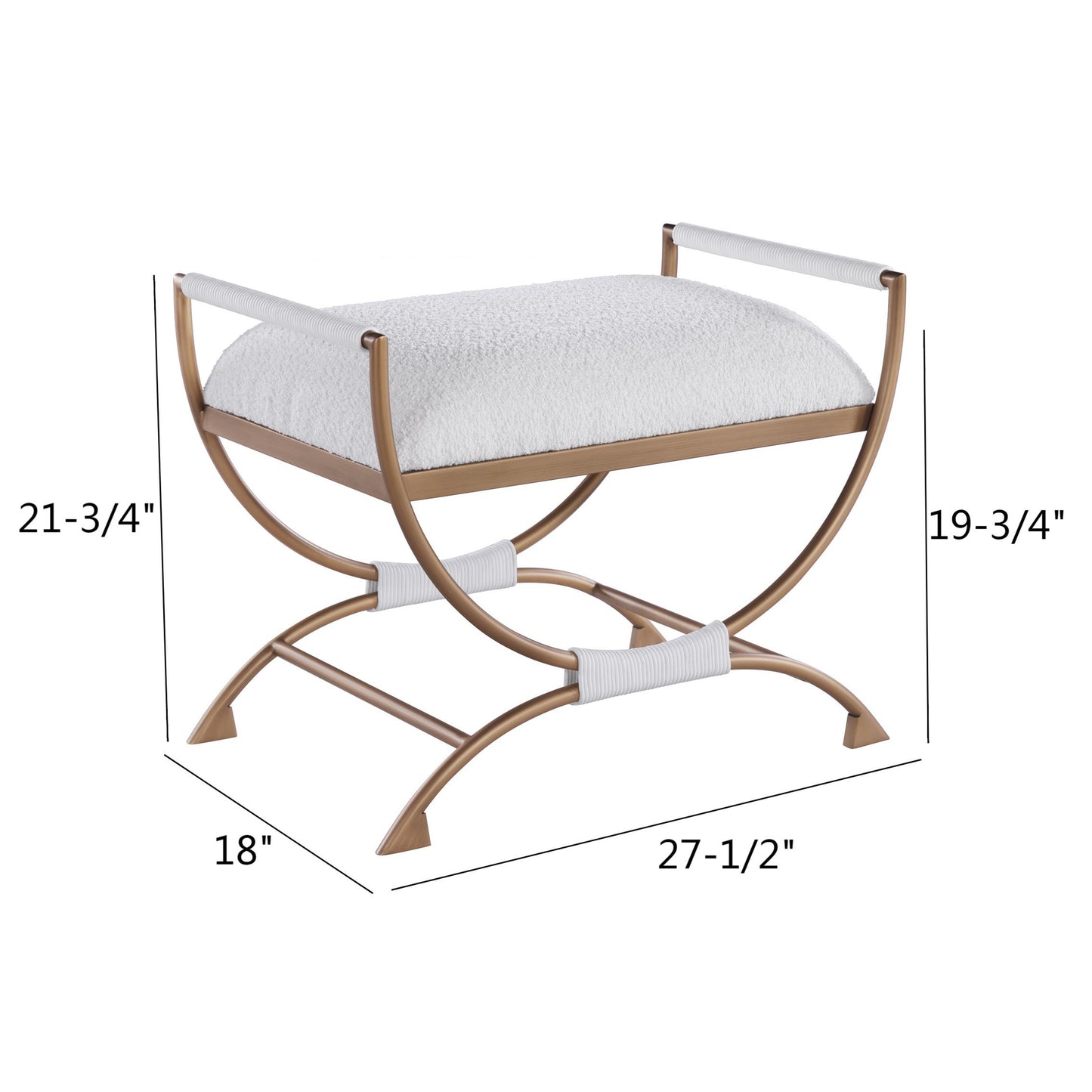 Gold metal accent bench with white boucle seat and woven arms