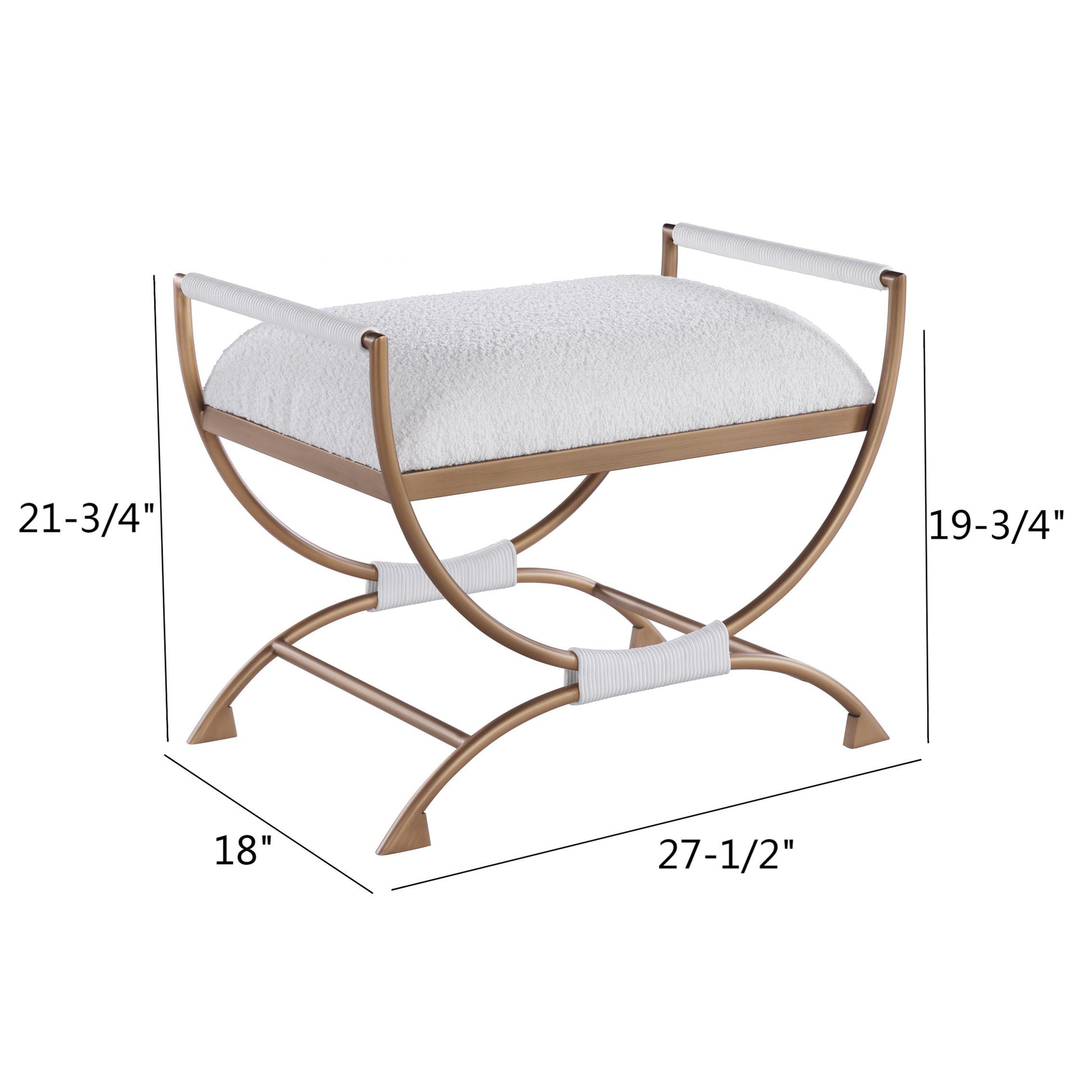 Gold metal accent bench with white boucle seat and woven arms