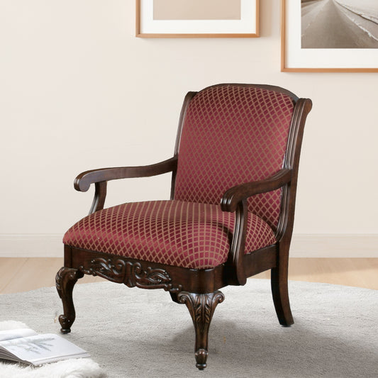 Burgundy diamondpatterned armchair with ornate wooden frame classic accent chair for living room