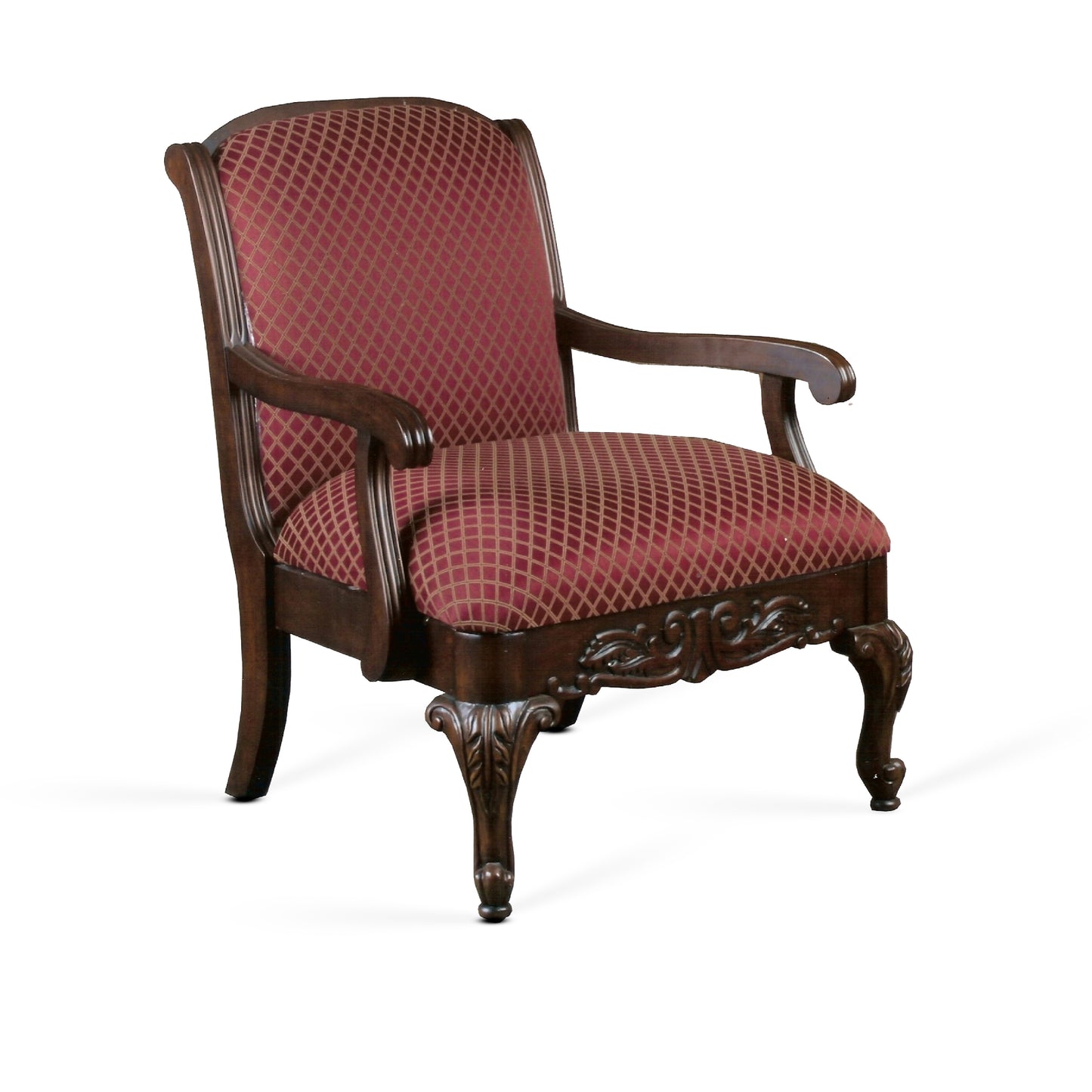 Elegant armchair with ornate dark wood frame and red diamondpatterned upholstery