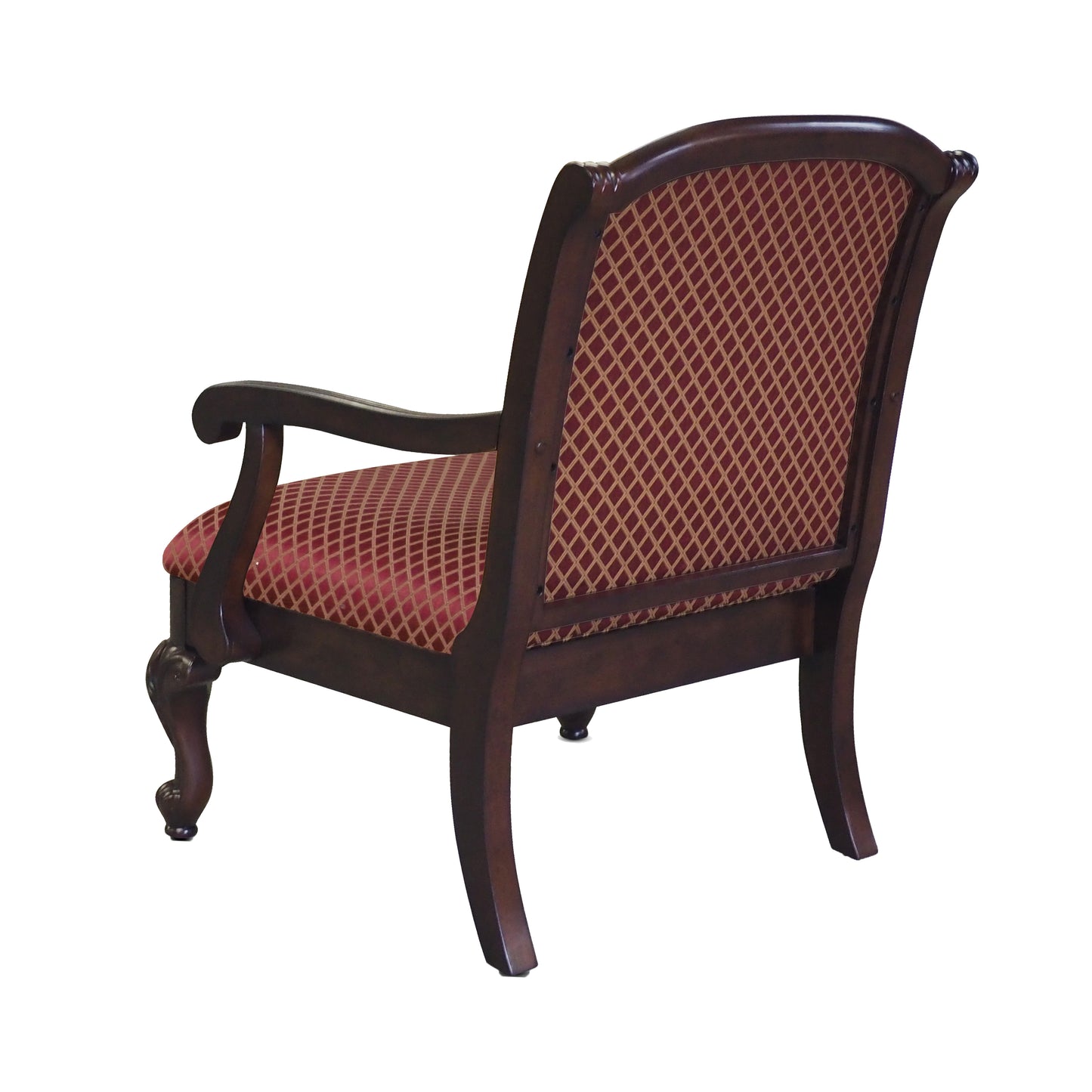 Mahogany armchair with classic diamondpatterned red damask upholstery and carved cabriole legs
