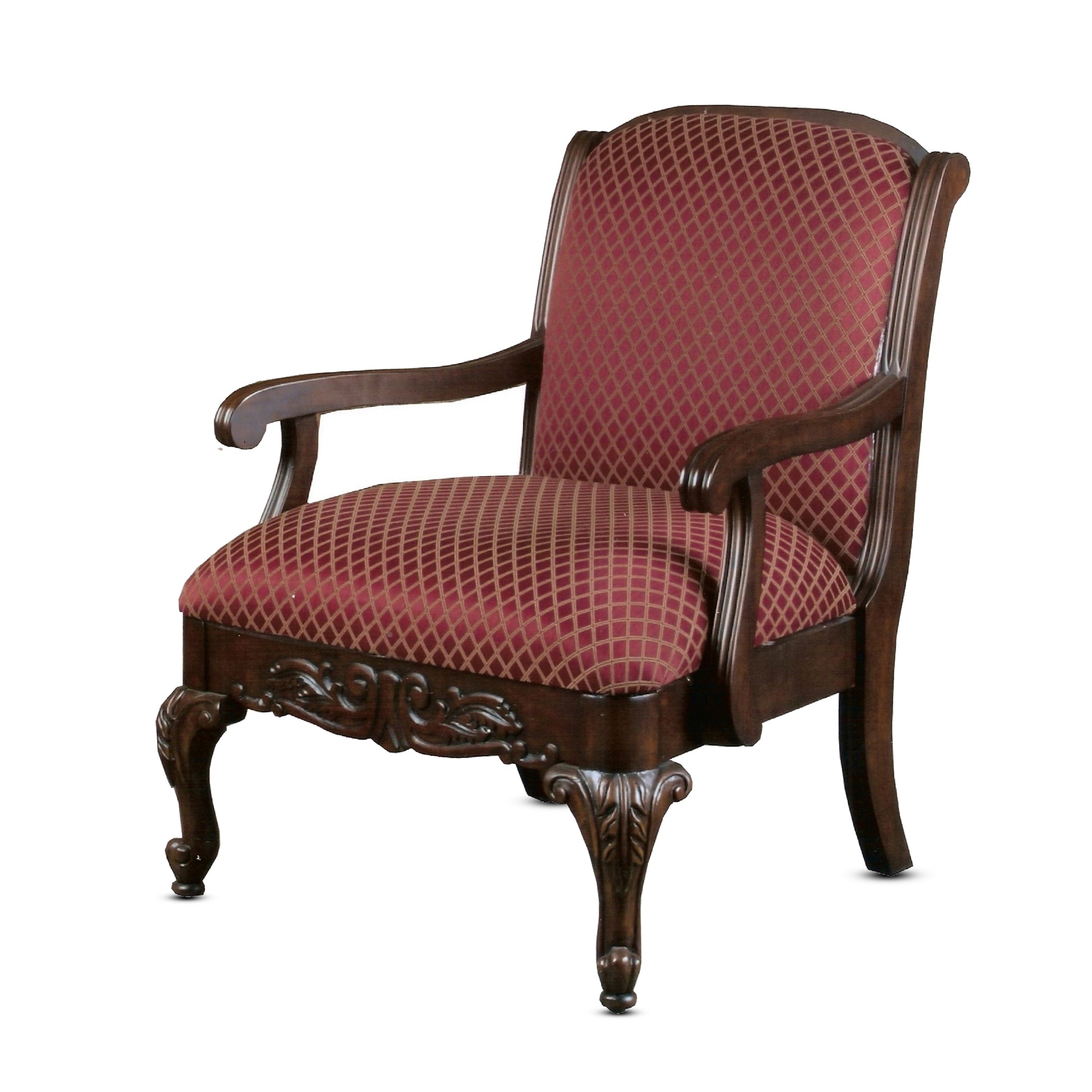 Ornate armchair with dark wood frame and red damask upholstery providing a classic accent chair