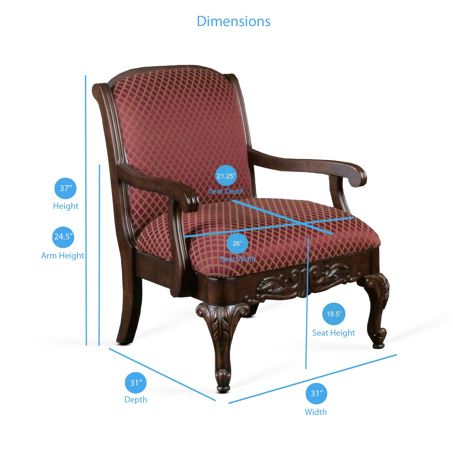 Ornate armchair with dark wood frame and deep red diamondpatterned upholstered seat and back