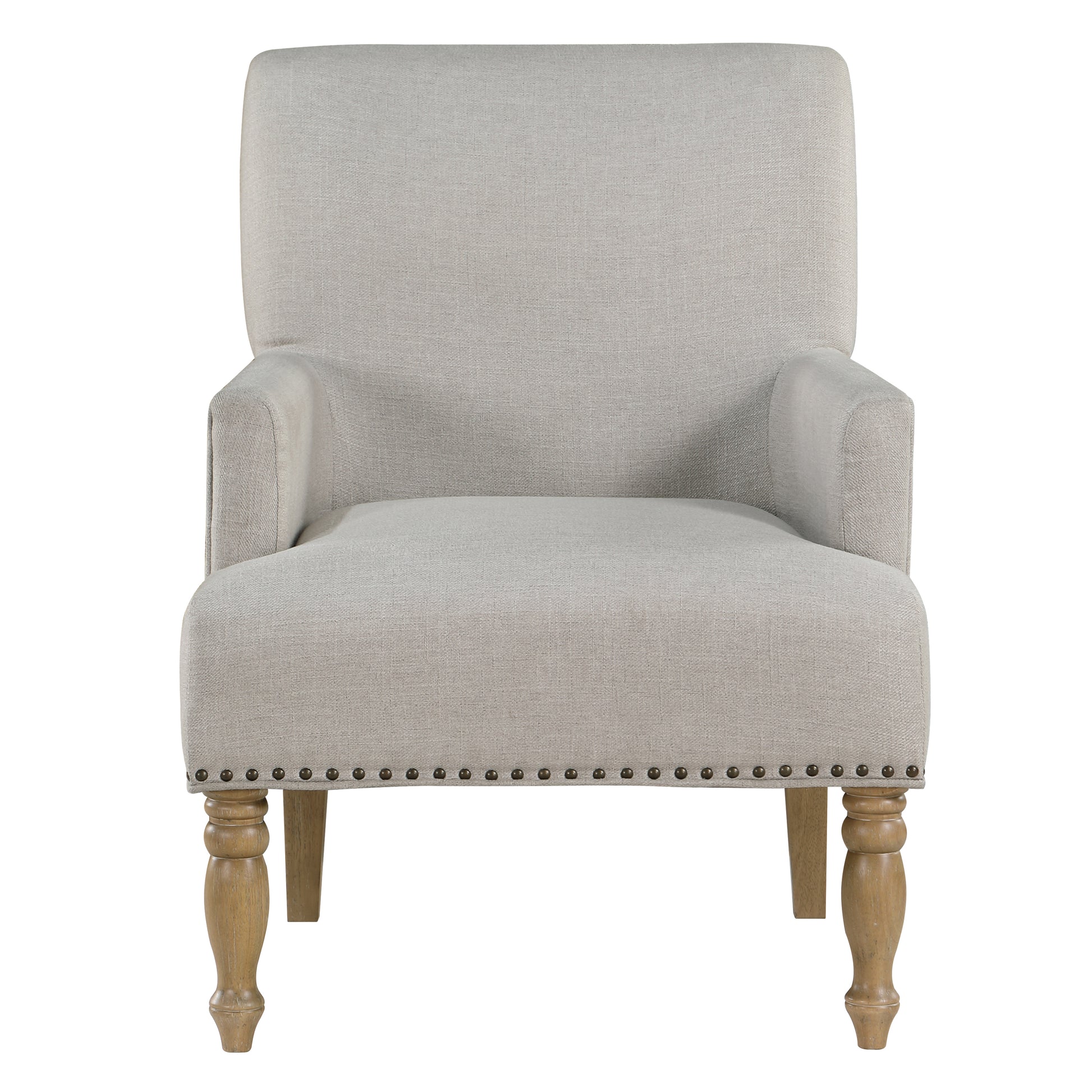 Upholstered armchair in light beige linen fabric with decorative nailhead trim and turned wooden legs