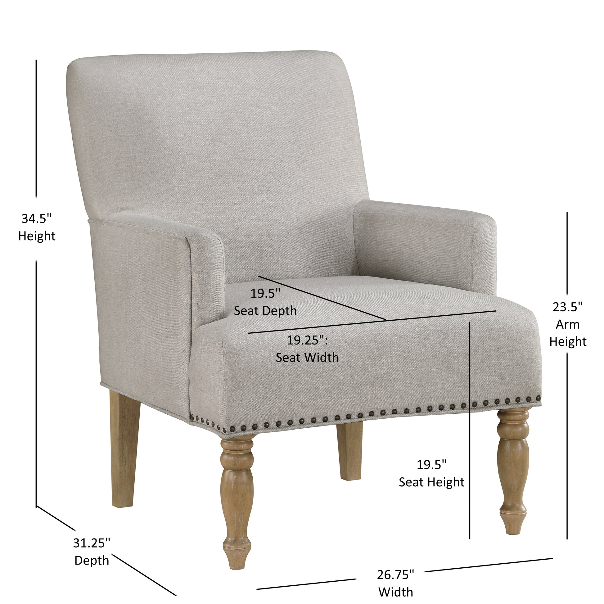 Light gray linen armchair with nailhead trim and turned wooden legs  H
